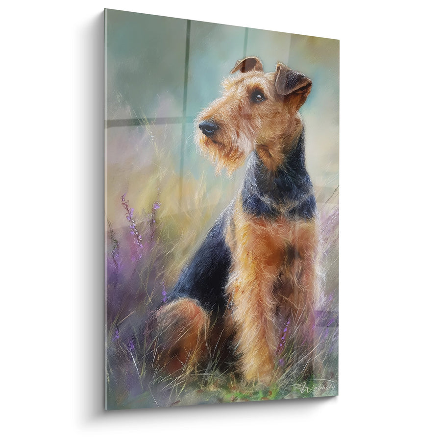 Tableau Chien Terrier aux Couleurs Automnales dans Prairie Fleurie - Portrait Naturel - Edition Airedale Terrier