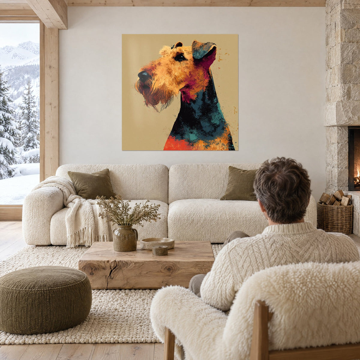 Quadro Airedale terrier dal muso ramato, collare magenta e collo blu petrolio, sopra un divano in un soggiorno luminoso