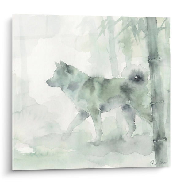 Cuadro Akita Inu Acuarela Verde en Bosque de Bambúes - Serenidad Japonesa - Edición Akita Inu