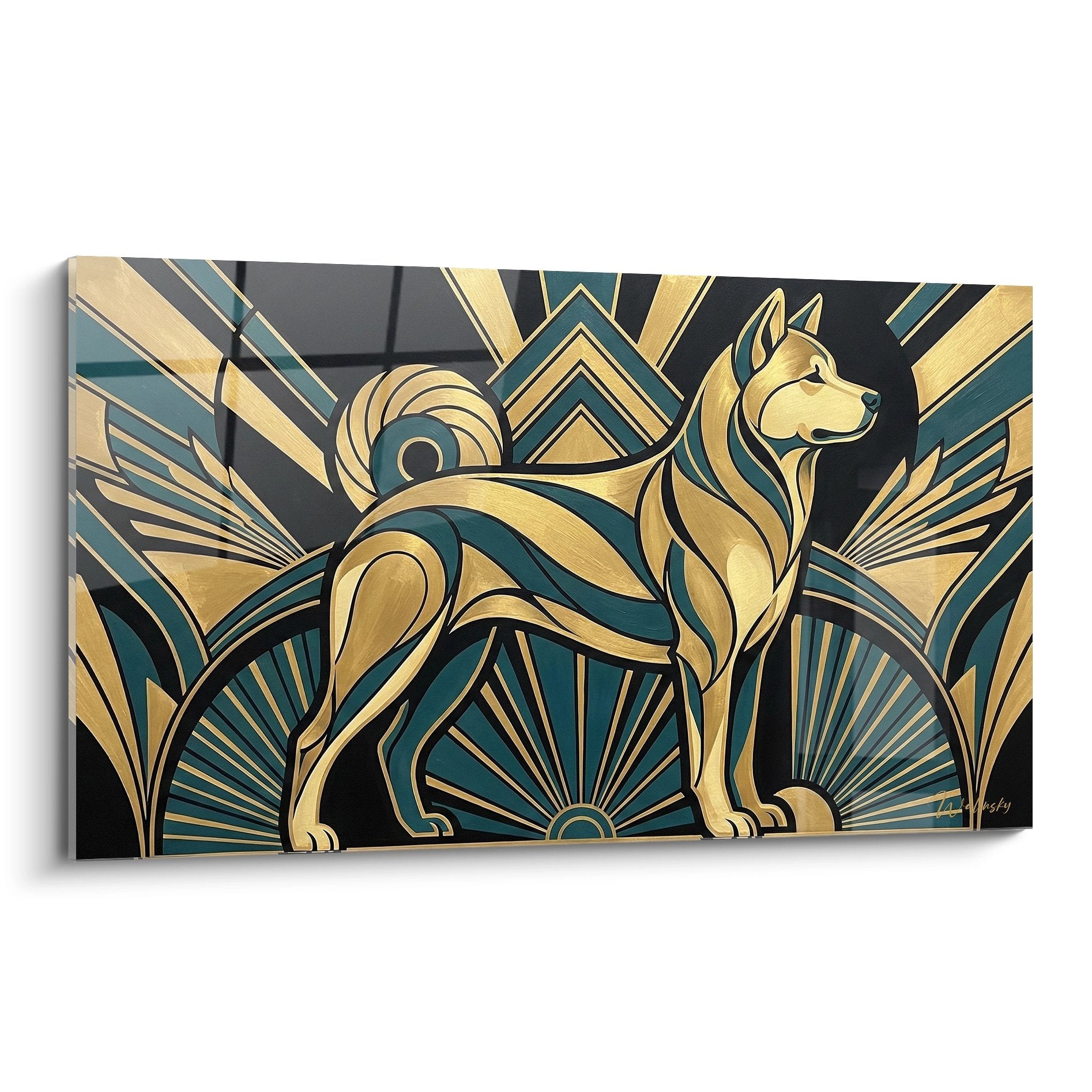 Tableau art déco Akita Inu stylisé tons dorés turquoise motifs géométriques éventail design moderne