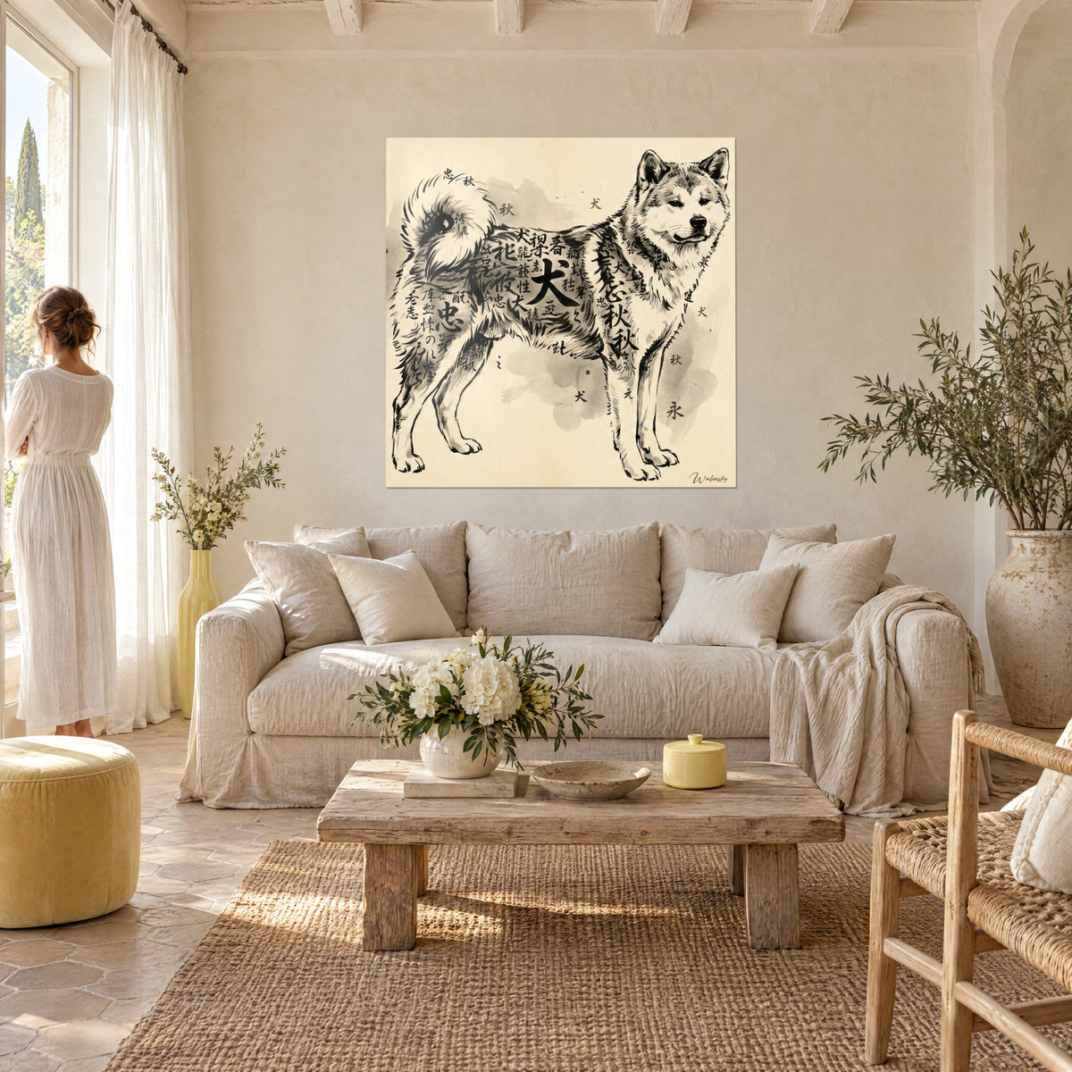 Quadro Akita Inu di profilo, kanji neri sul manto, inchiostro su fondo crema, sopra un divano in un soggiorno luminoso