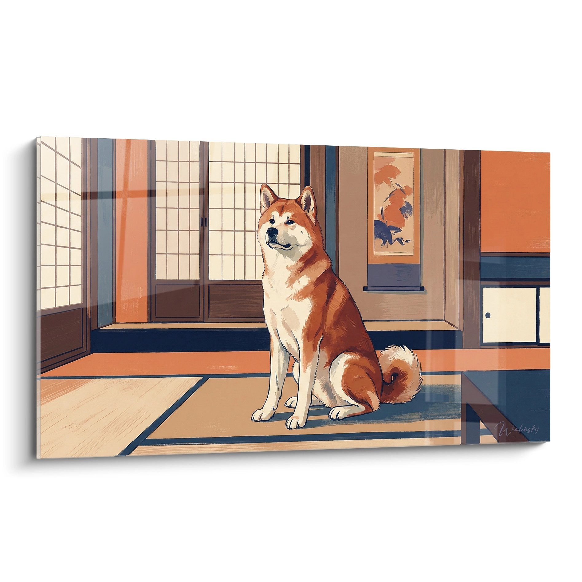 Akita Inu roux et blanc assis dans intérieur japonais traditionnel avec tatamis et paravents coulissants