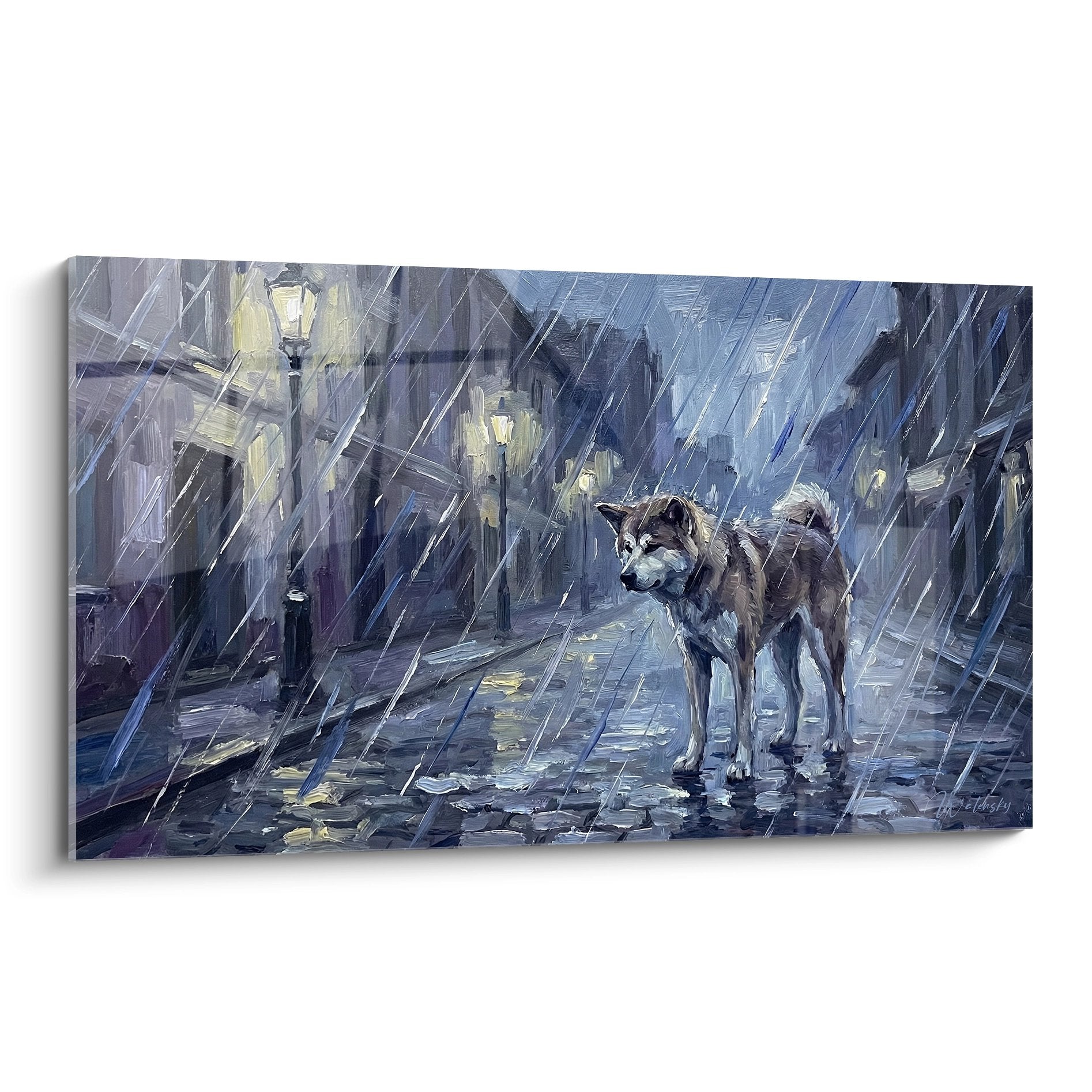 Akita Inu brun et blanc debout sous la pluie nocturne dans rue urbaine éclairée par réverbères dorés