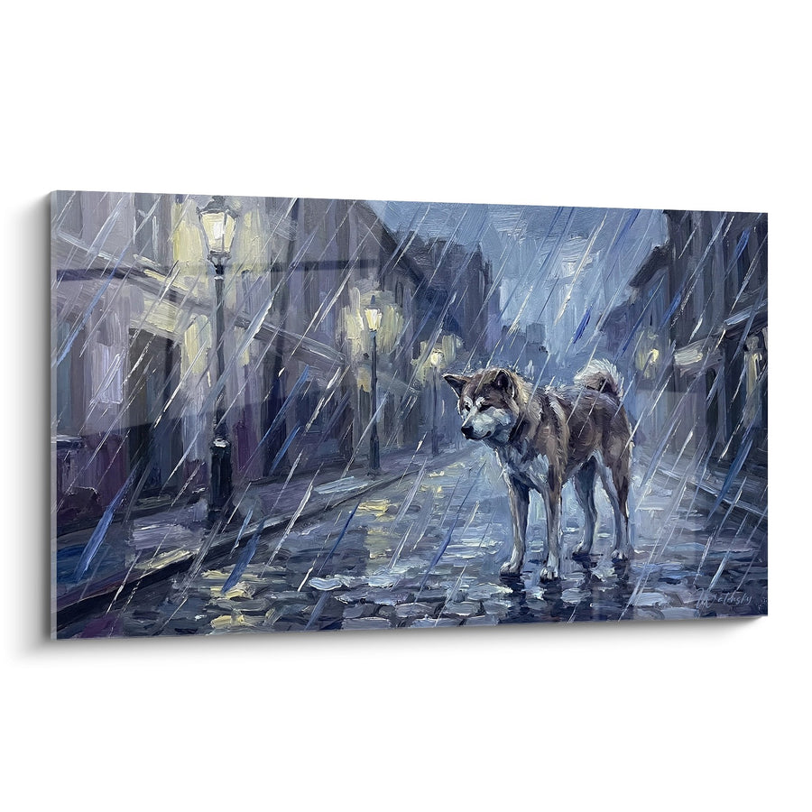 Tableau Akita Inu sous la Pluie Nocturne dans la Rue - Solitude Urbaine - Edition Akita Inu