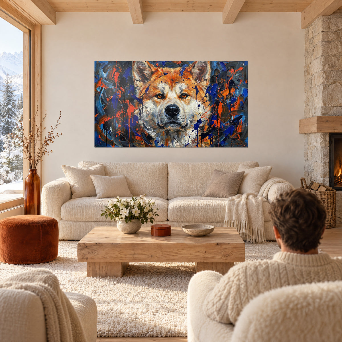 Quadro Akita Inu dal pelo rosso e crema, colature blu cobalto e arancio, sopra un divano in un soggiorno luminoso
