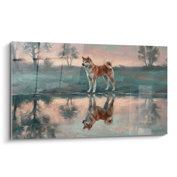 Cuadro Akita Inu en la Orilla del Agua con Reflejos - Serenidad Matutina - Edición Akita Inu