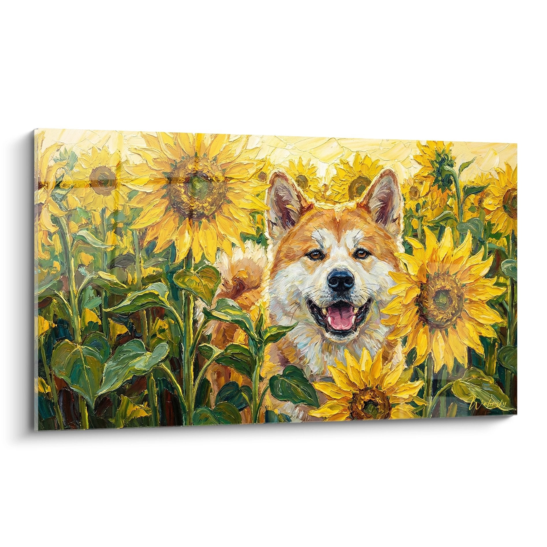 Tableau d'un Akita Inu roux et blanc souriant joyeusement au milieu de tournesols dorés dans un style pictural