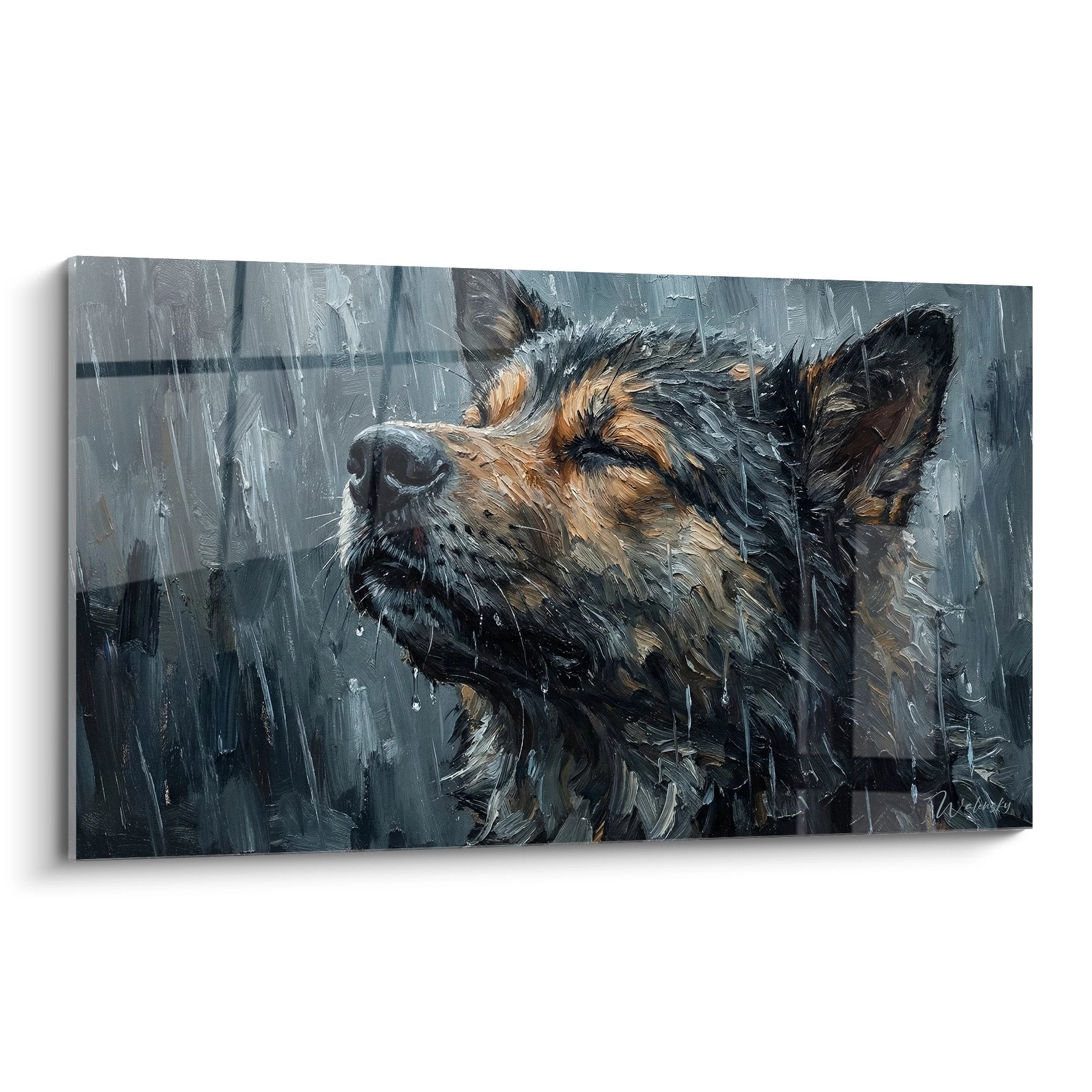 Portrait expressif d'Akita Inu sous la pluie regardant vers le ciel, peinture aux tons gris et ocre