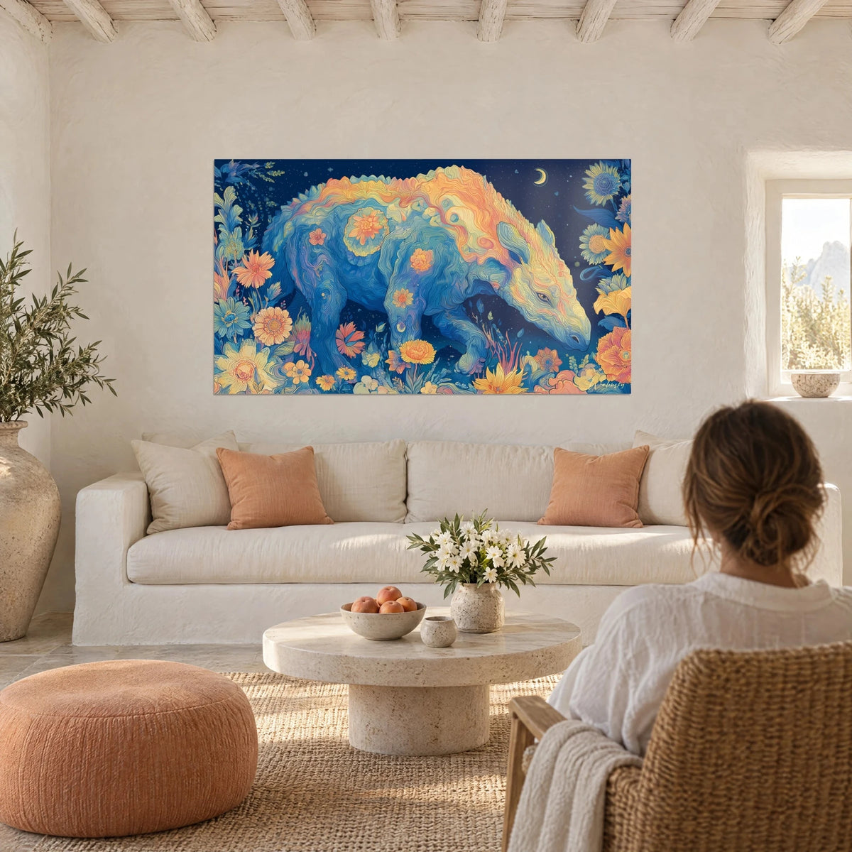 Schilderij Indricotherium in kobaltblauw met amberkleurige achterkant, omringd door oranje bloemen, boven een bank in een lichte woonkamer