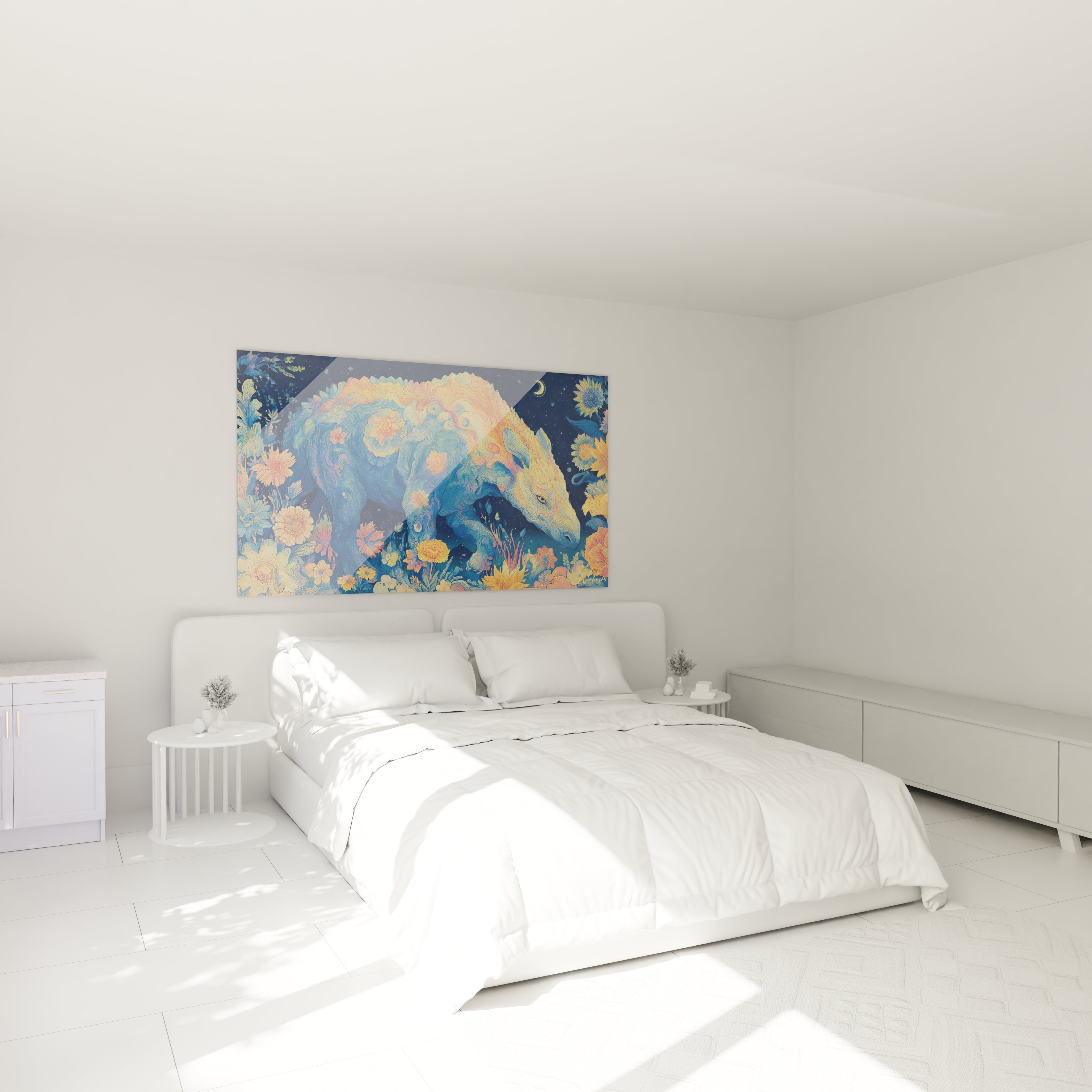 Ambiance chambre avec tableau Indricotherium mystique jardin fleuri décoration murale bohème style moderne Indricotherium