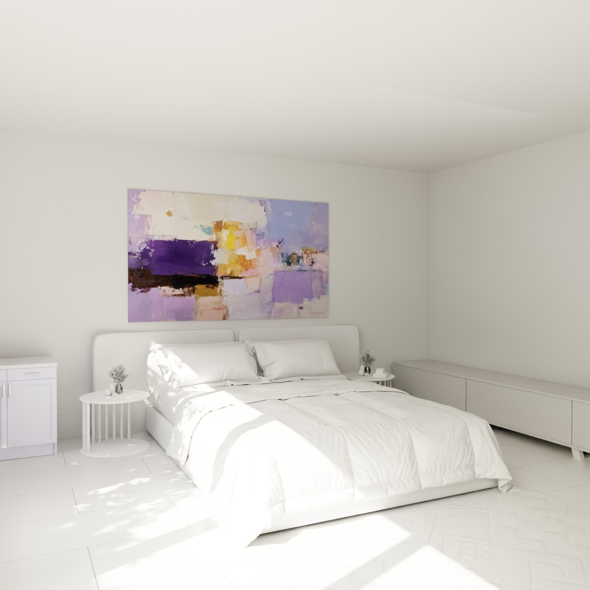Ambiance chambre avec composition abstraite violette orange sur mur blanc - Décoration moderne apaisante