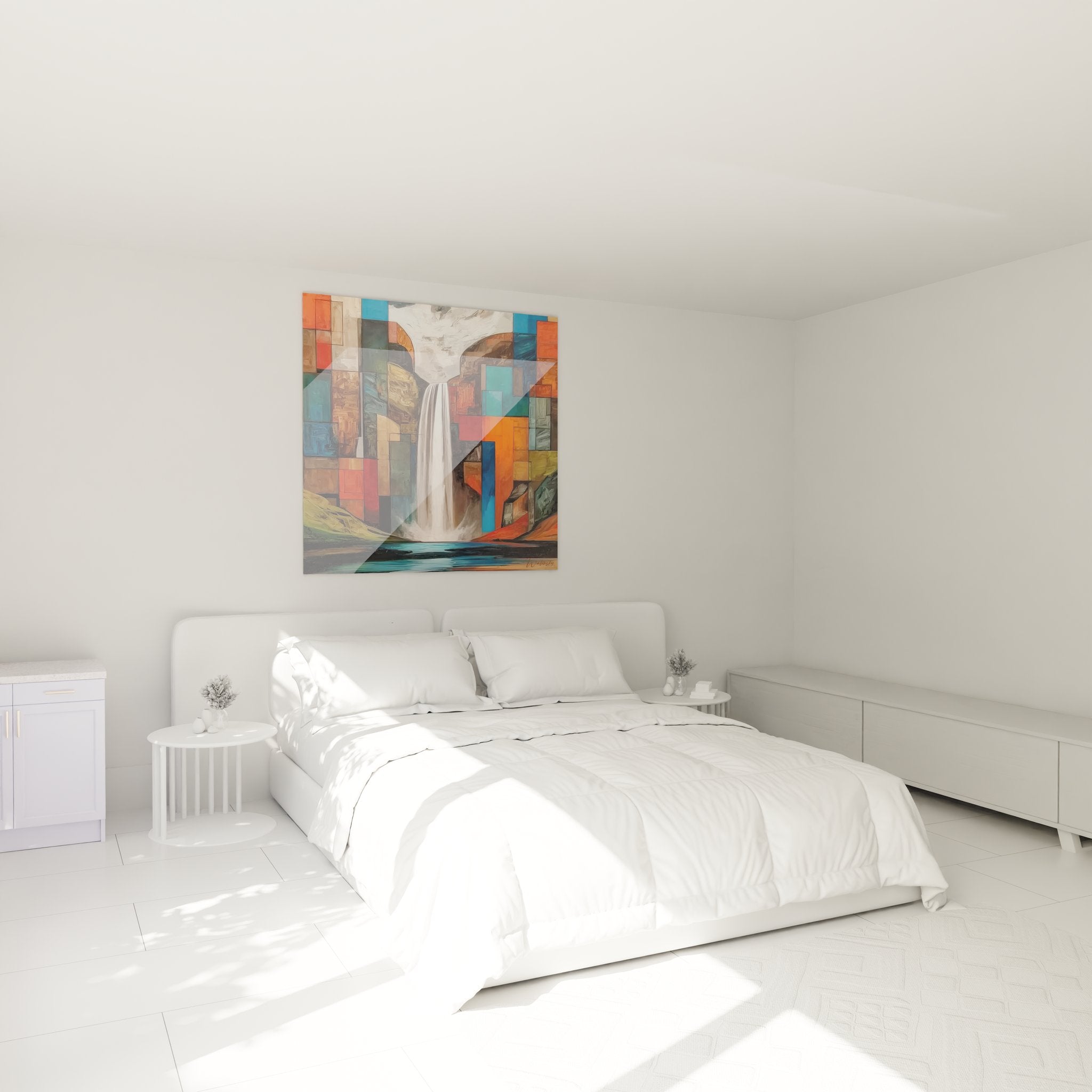 Ambiance chambre avec tableau mural cascade géométrique moderne décoratif