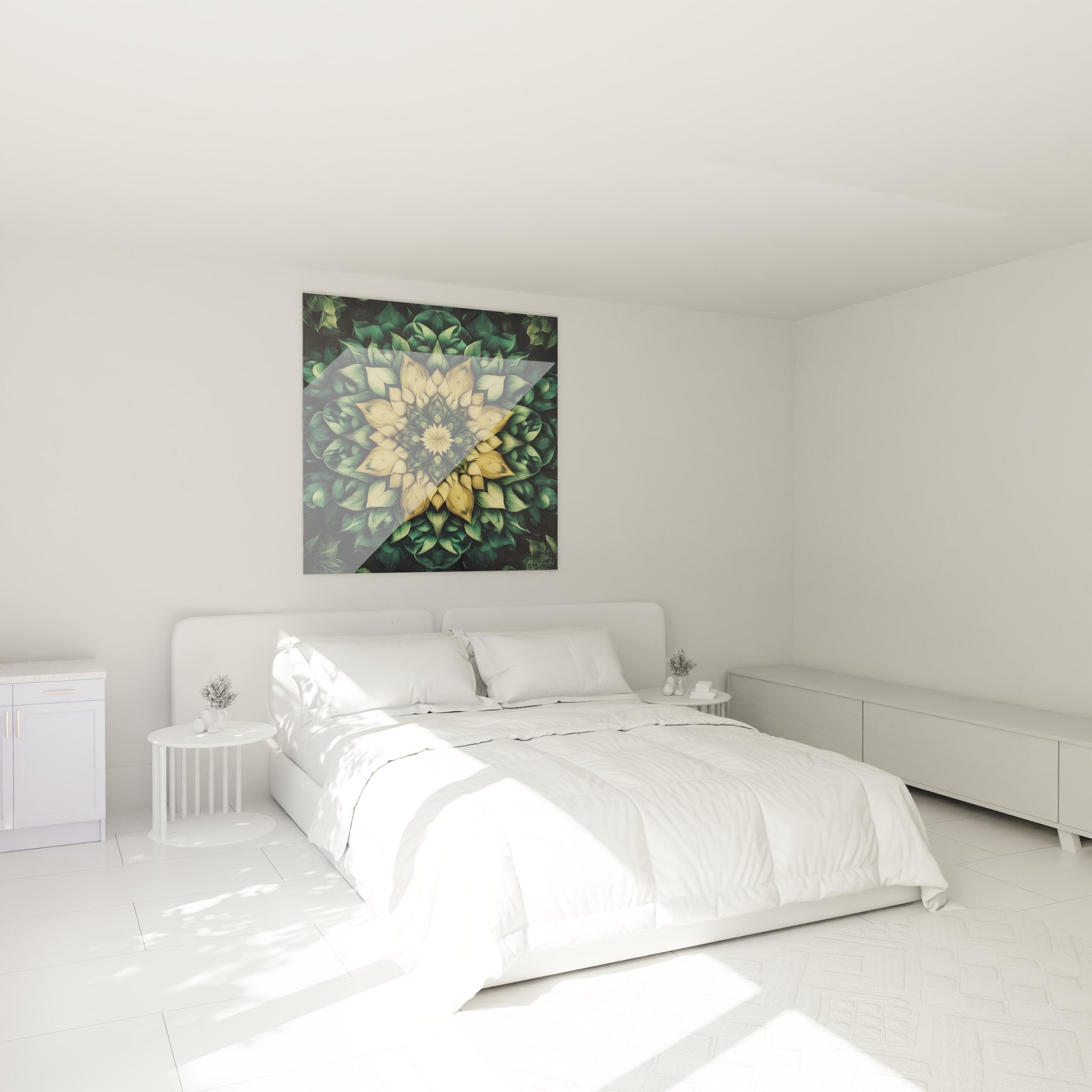 Ambiance chambre avec tableau mandala végétal doré créant une atmosphère apaisante et harmonieuse