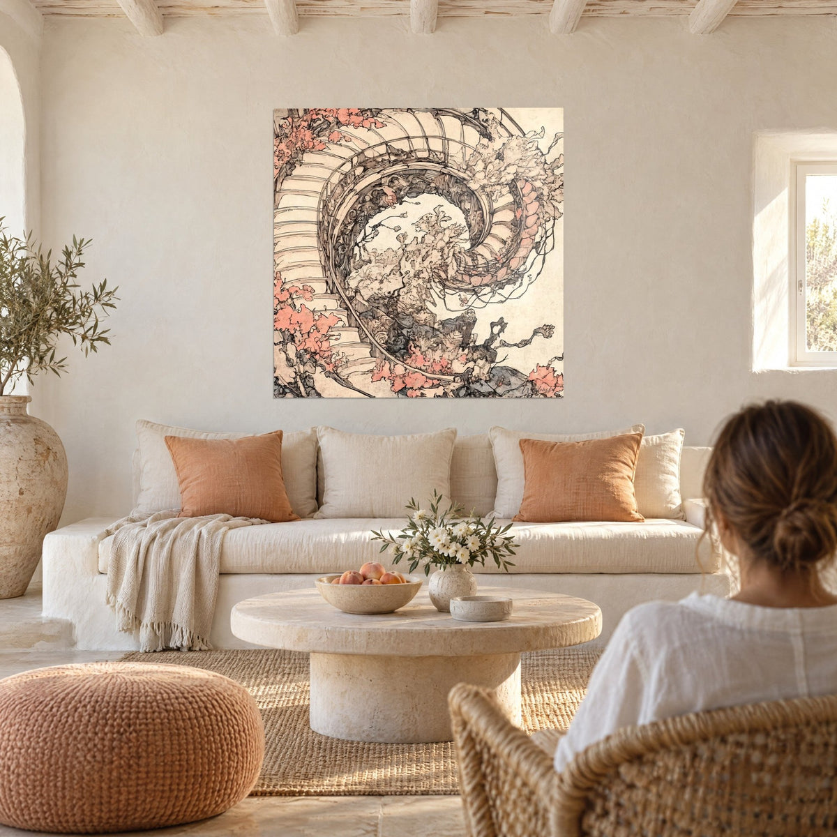 Wall art of a spiral staircase in black ink and coral, cream cherry blossoms, hung above a sofa in a bright living room