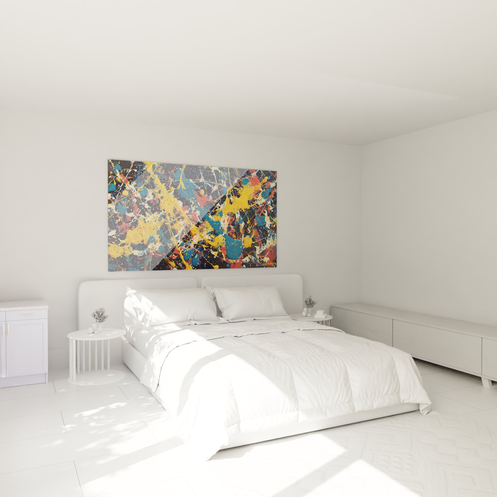 Ambiance chambre avec tableau abstrait éclaboussures colorées décorant mur moderne