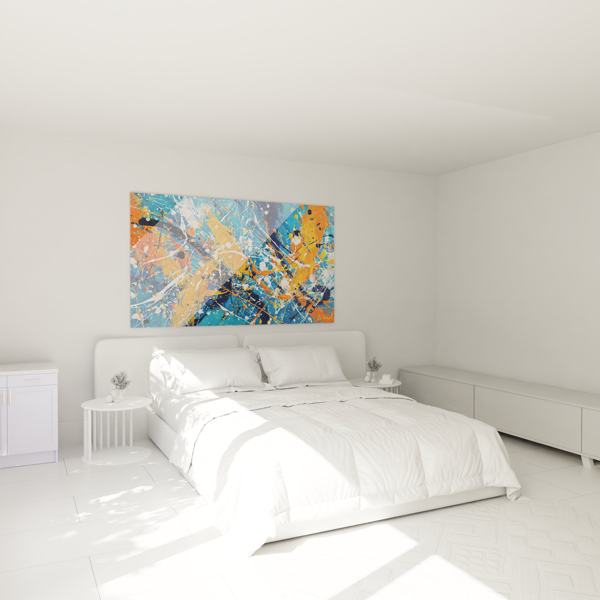 Ambiance chambre avec tableau abstrait explosion couleurs orange bleu décoration murale moderne