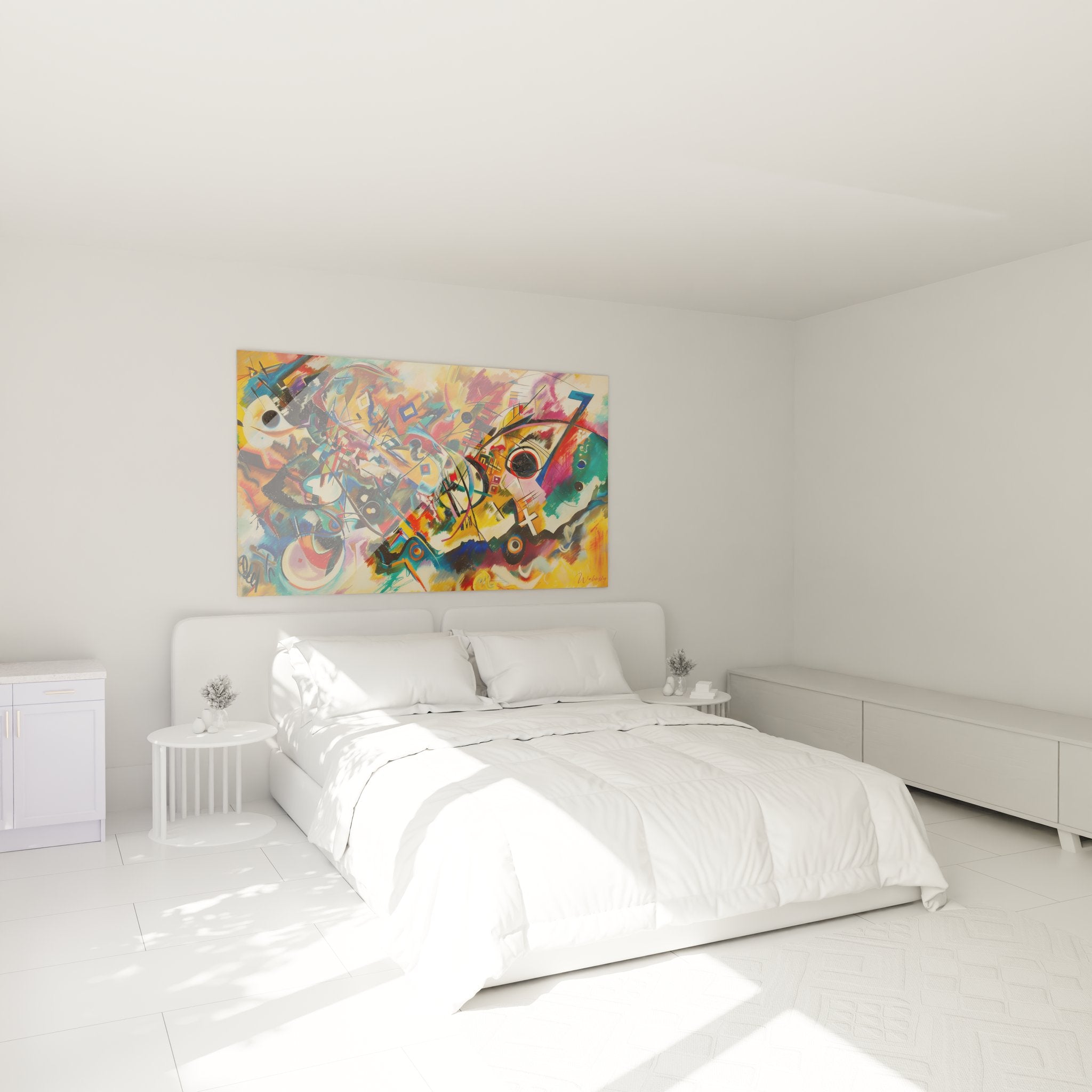 Ambiance chambre avec tableau abstrait géométrique coloré décoration murale moderne