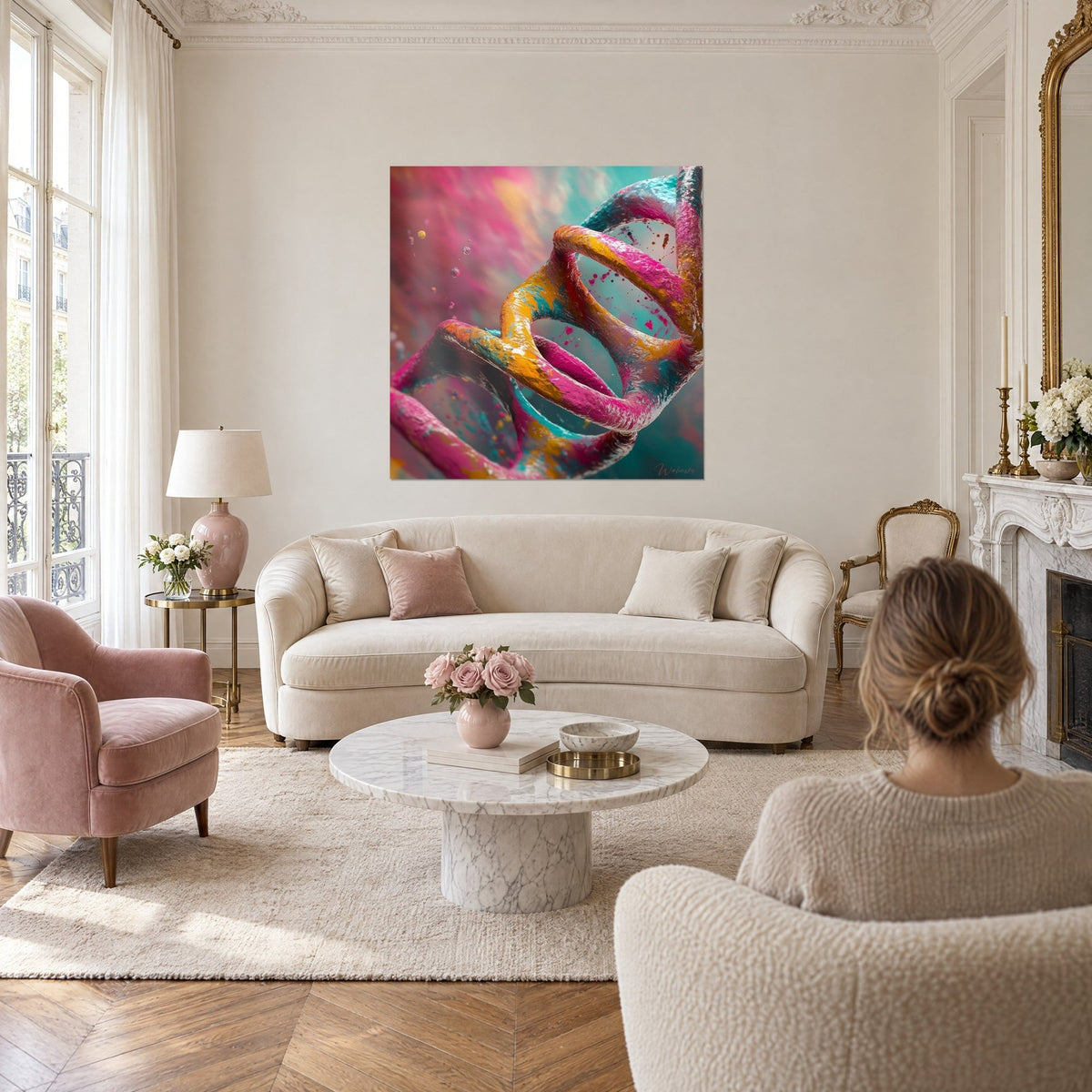Gemälde Doppelhelix in Fuchsiarosa und Senfgelb gemalt, Spritzer auf türkisfarbenem Grund, über einem Sofa in einem hellen Wohnzimmer