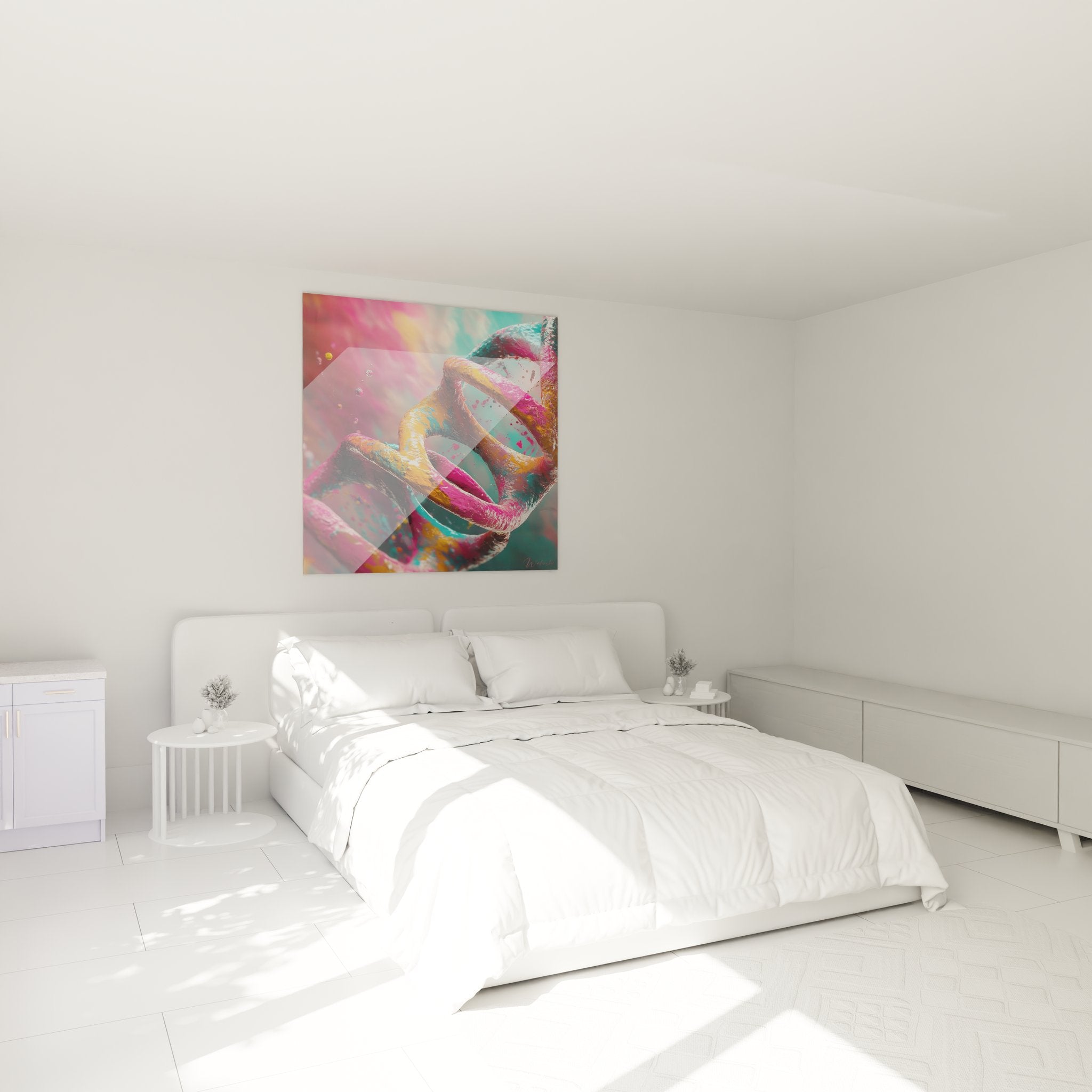 Ambiance chambre avec tableau ADN coloré hélice génétique décoration murale moderne art scientifique