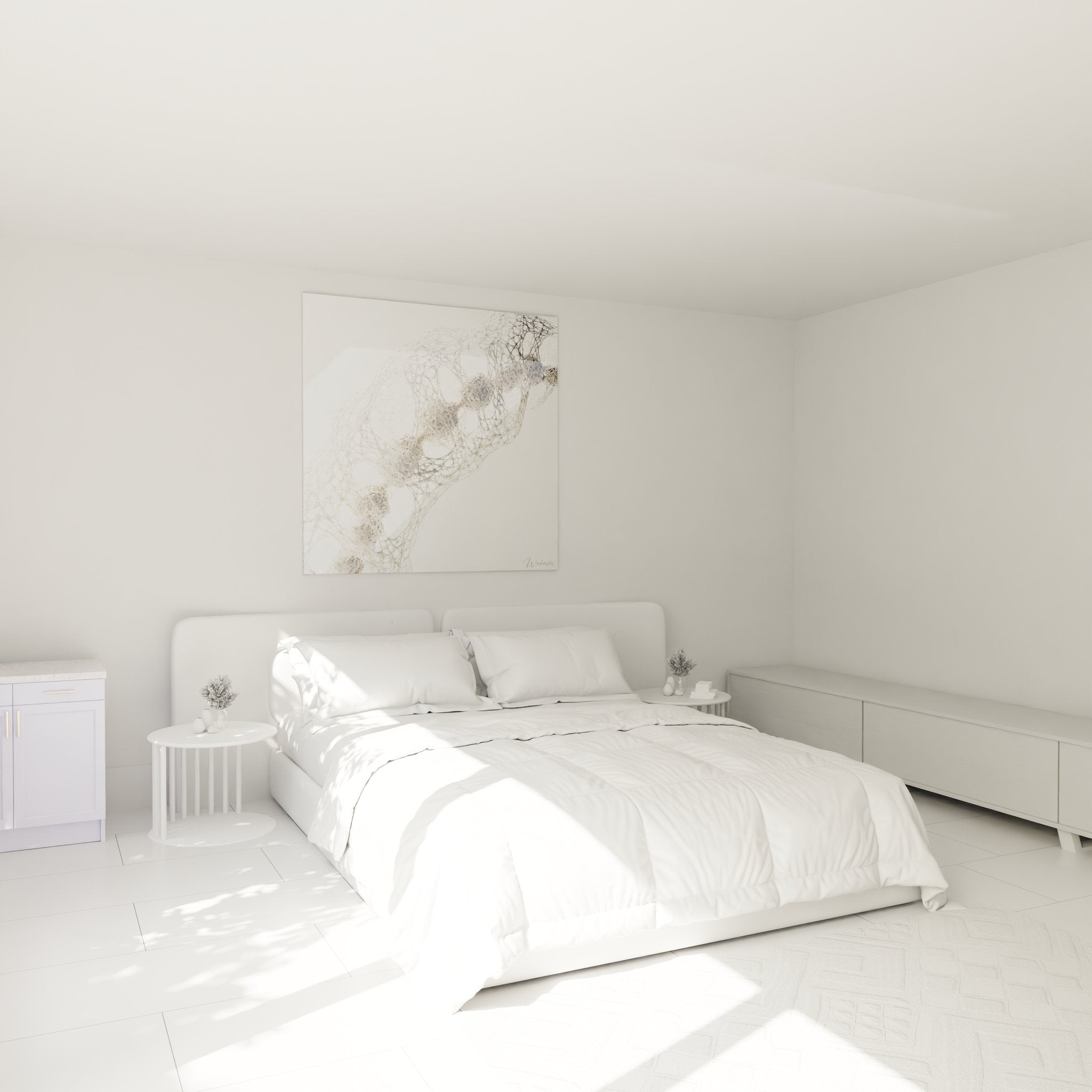 Ambiance chambre avec tableau ADN structure génétique beige décoration murale moderne