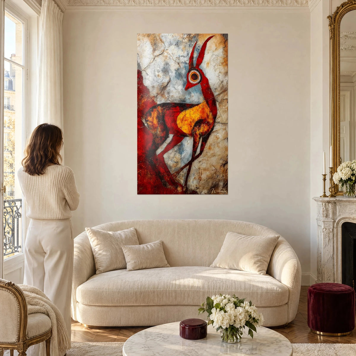 Tableau antilope rouge à l'œil cerclé d'orange, corps ocre sur roche craquelée, au-dessus d'un canapé dans un salon lumineux