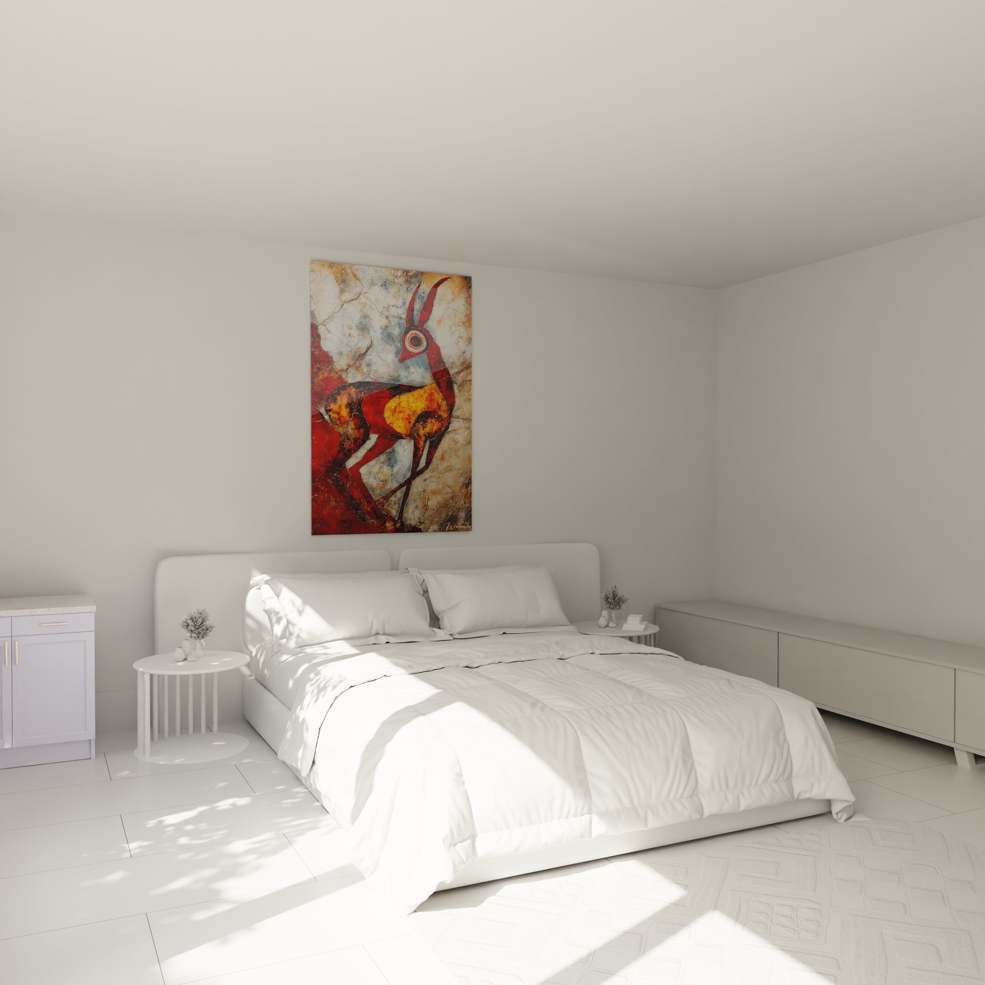 Ambiance chambre avec tableau antilope préhistorique rouge, décoration murale art pariétal moderne
