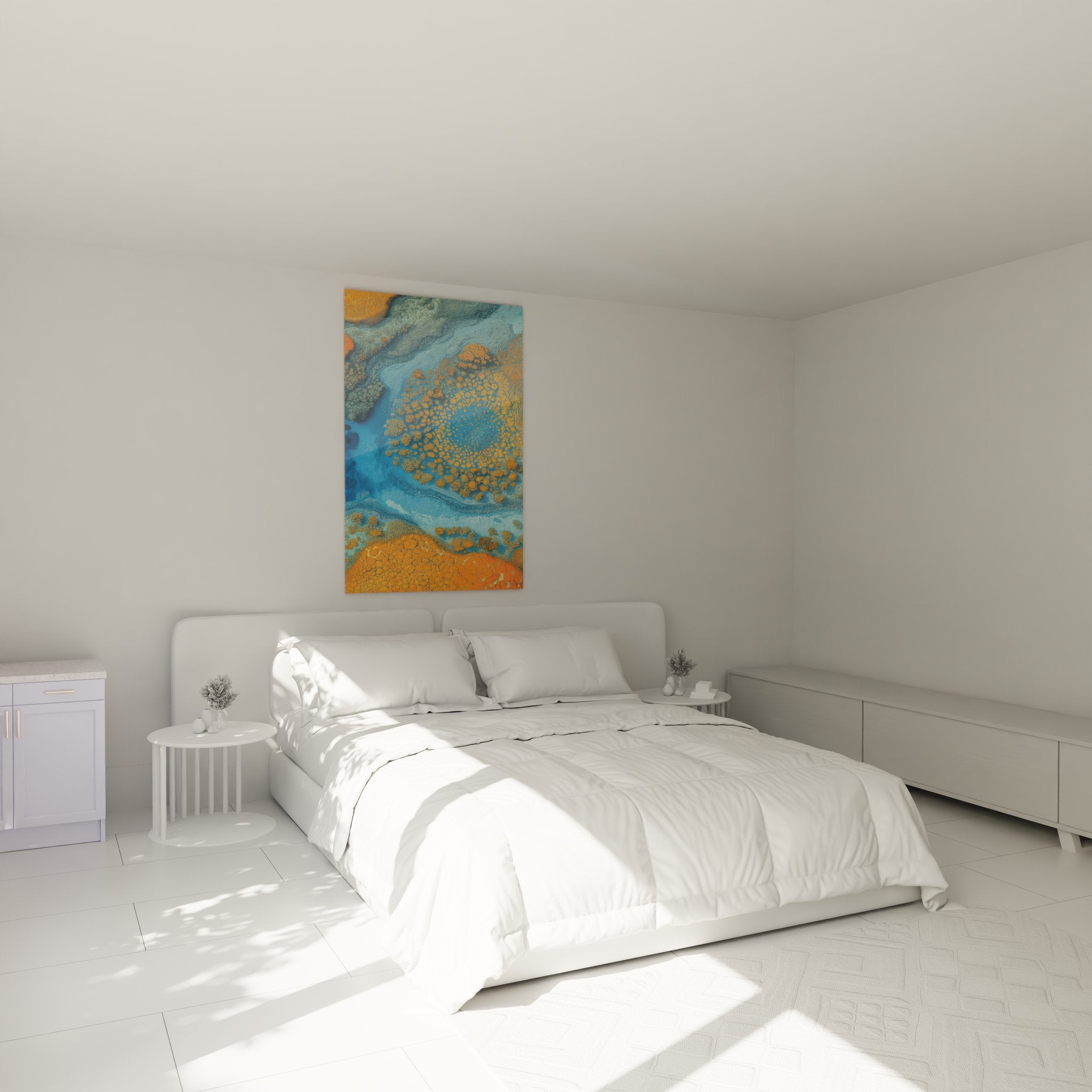 Ambiance chambre avec tableau atoll corallien, décoration murale marine apaisante tons bleus