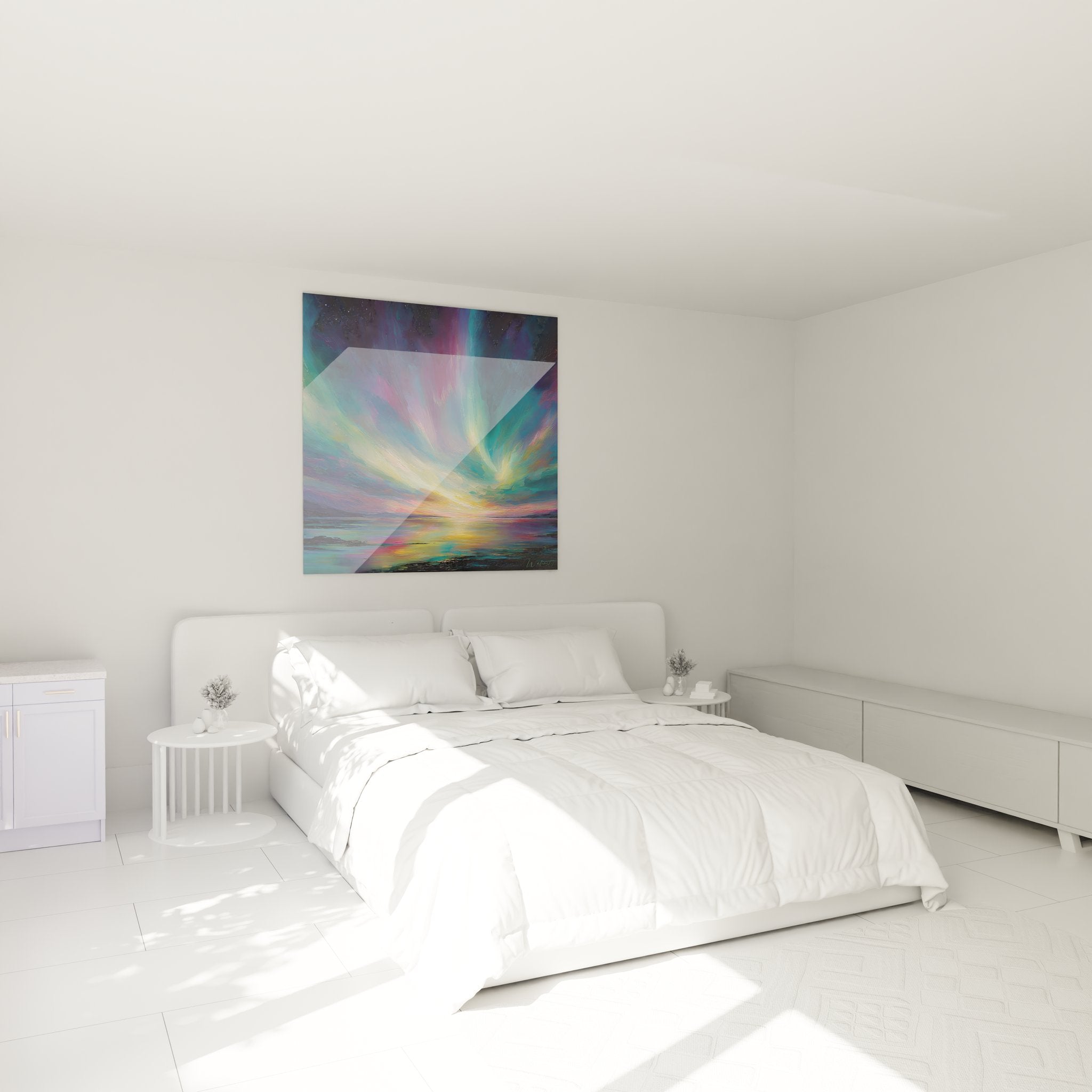 Ambiance chambre avec tableau aurore boréale paysage marin coloré créant atmosphère apaisante relaxante