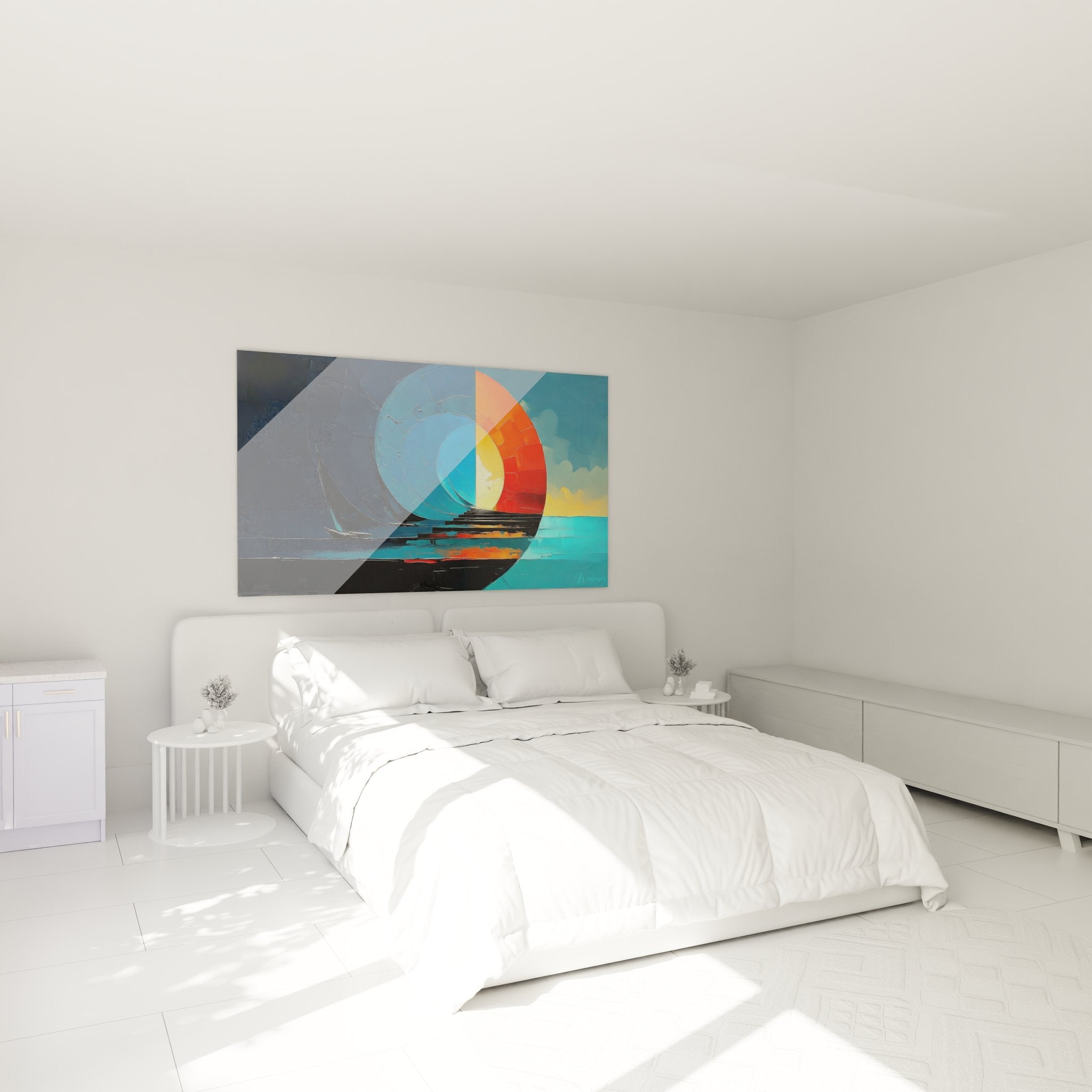 Ambiance chambre avec tableau bateau spirale abstrait voilier coucher soleil décoration marine