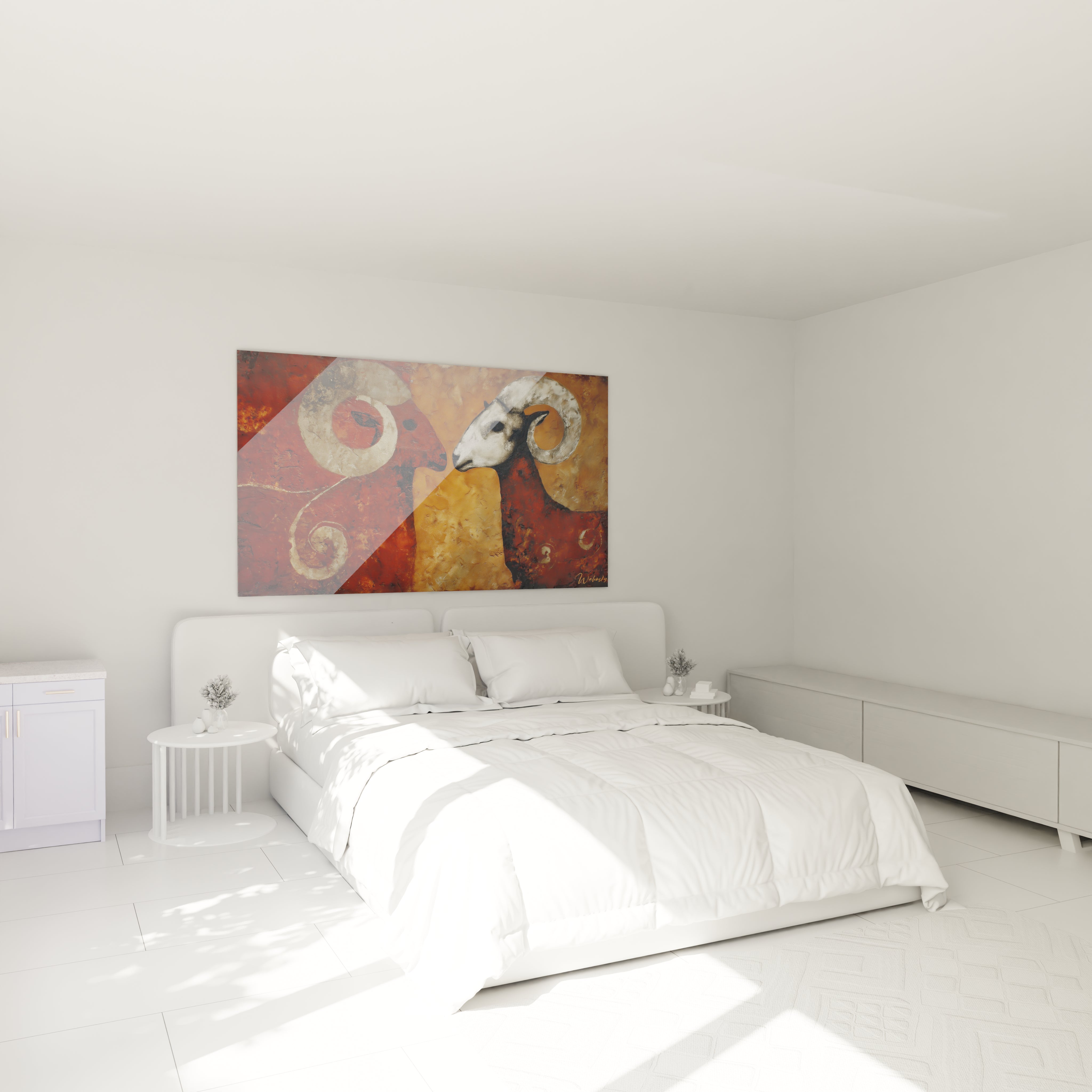 Ambiance chambre avec tableau bélier préhistorique art rupestre décoration murale authentique