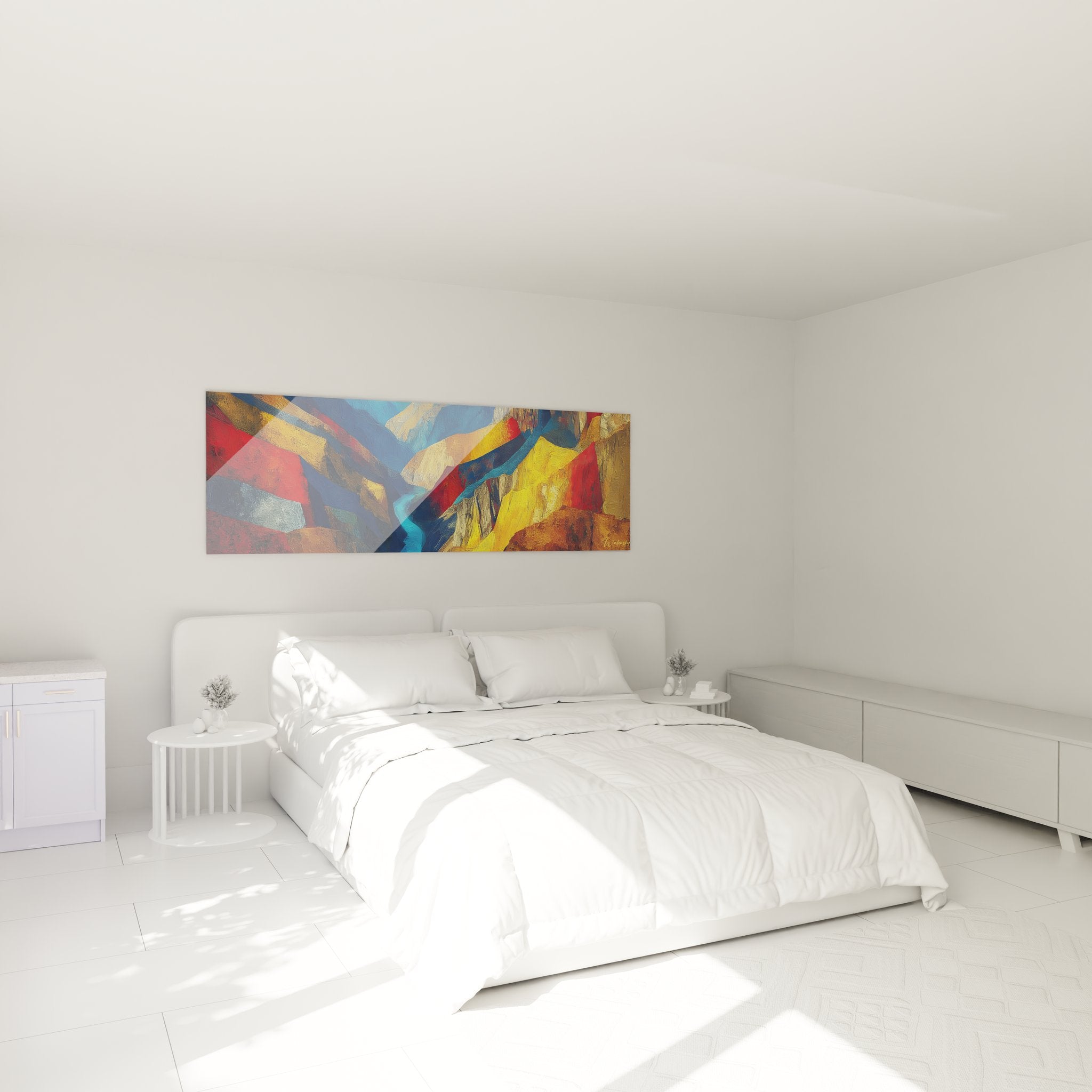Ambiance chambre avec tableau canyon abstrait coloré accroché au mur décoration intérieure