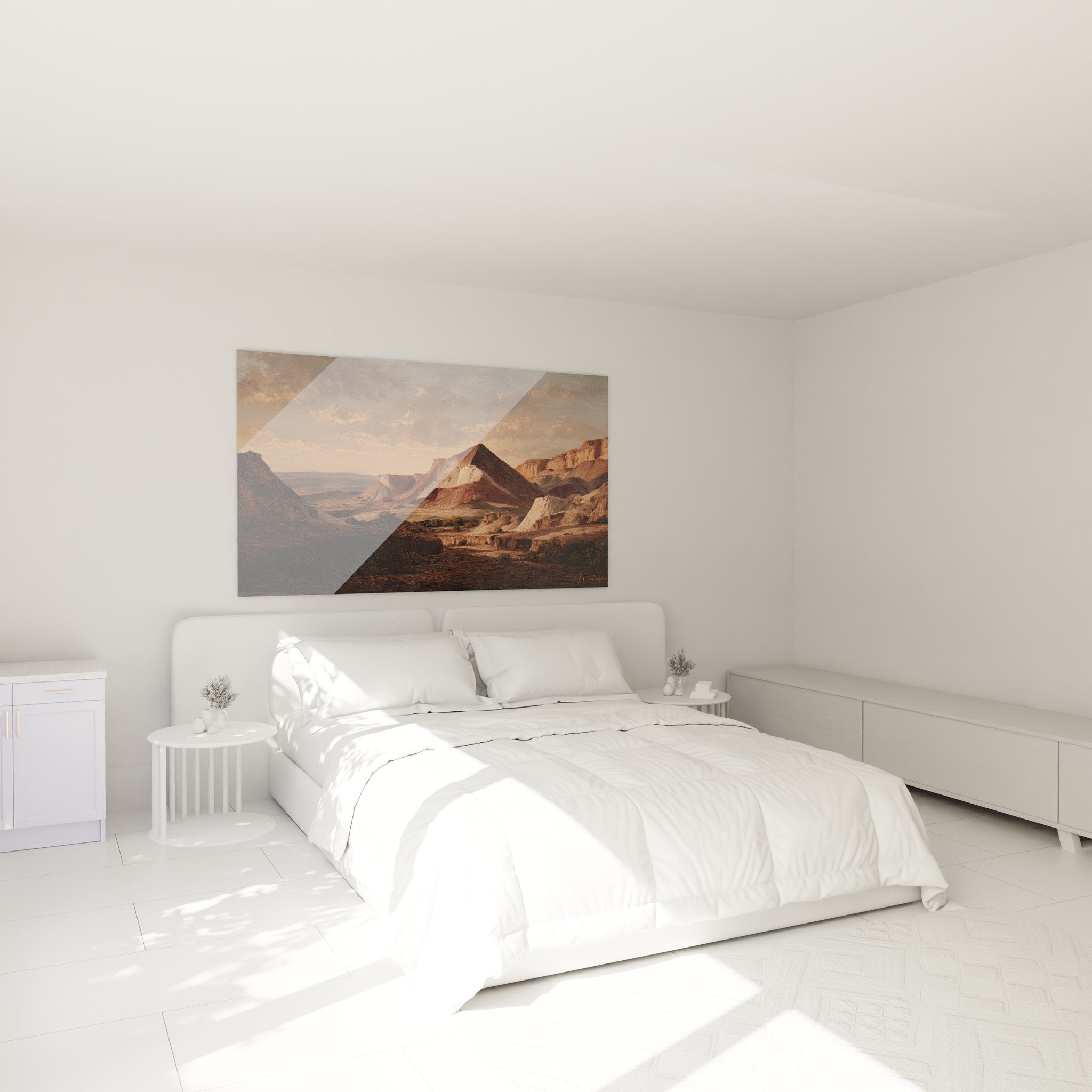 Ambiance chambre avec tableau décoratif paysage canyon désert tons ocre et dorés