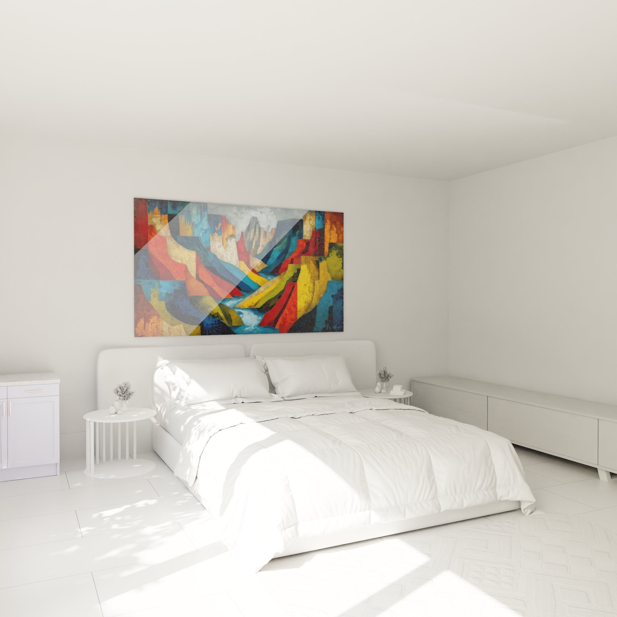 Ambiance chambre avec tableau canyon géométrique multicolore créant une atmosphère moderne et artistique