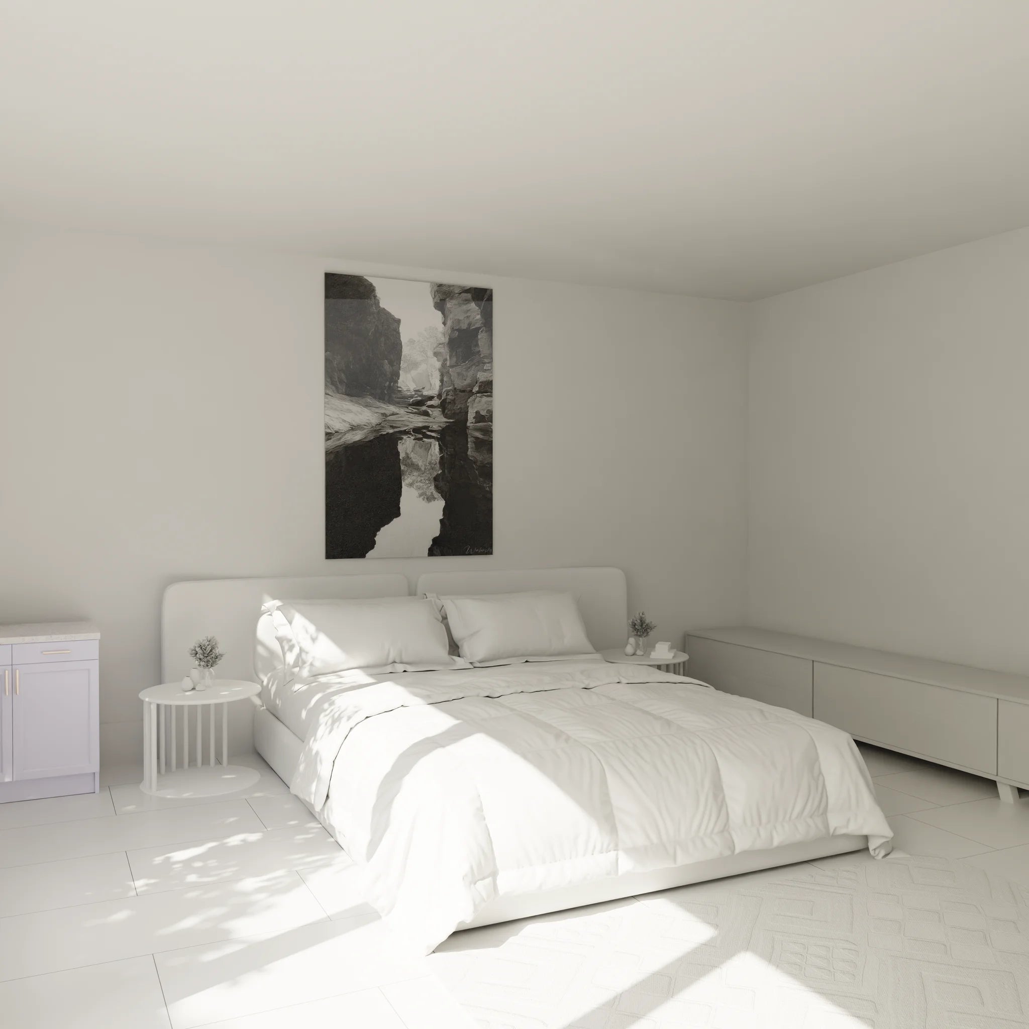 Ambiance chambre avec tableau canyon noir et blanc aux reflets rocheux, décoration élégante