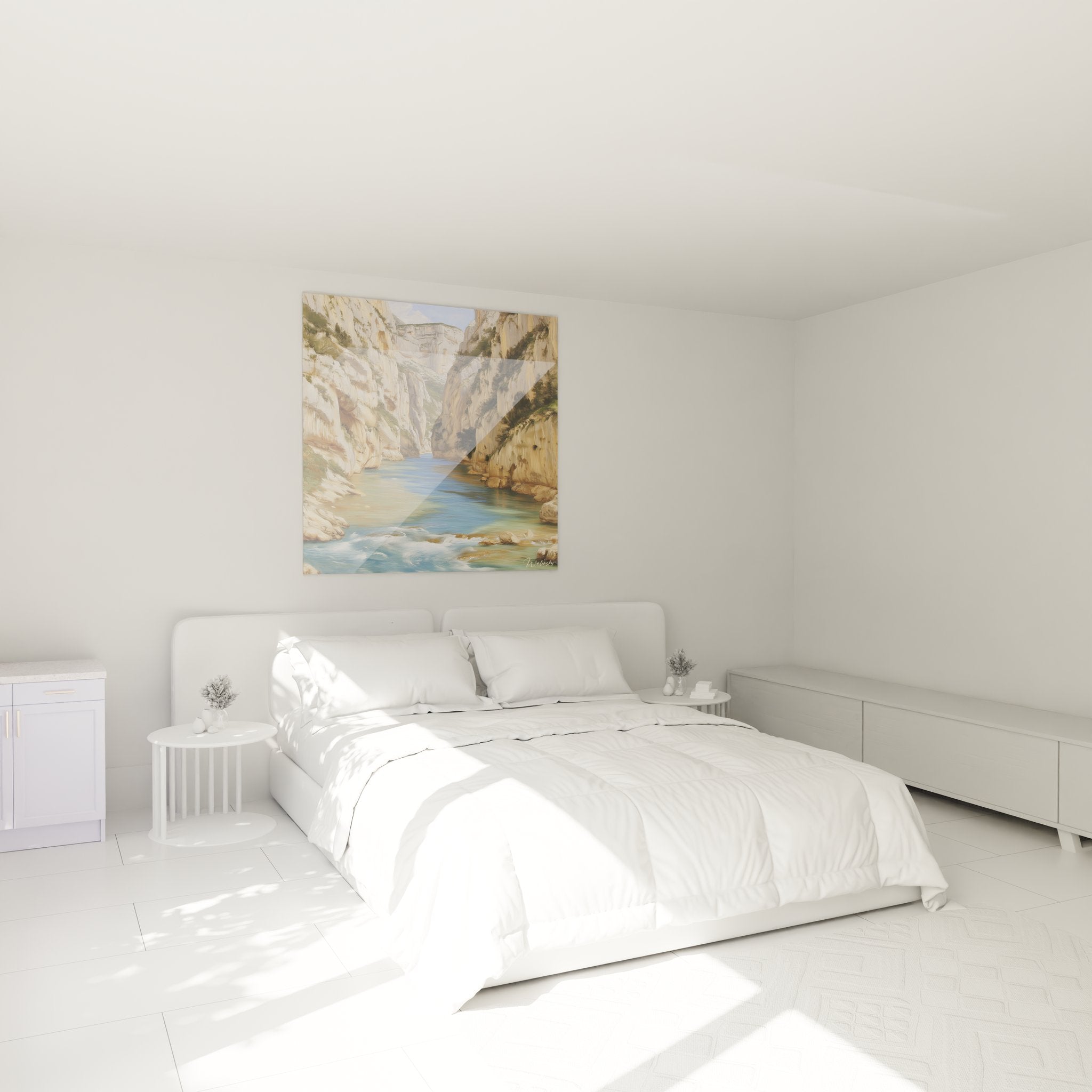 Ambiance chambre avec tableau décoratif canyon eaux cristallines, art mural paysage rocheux
