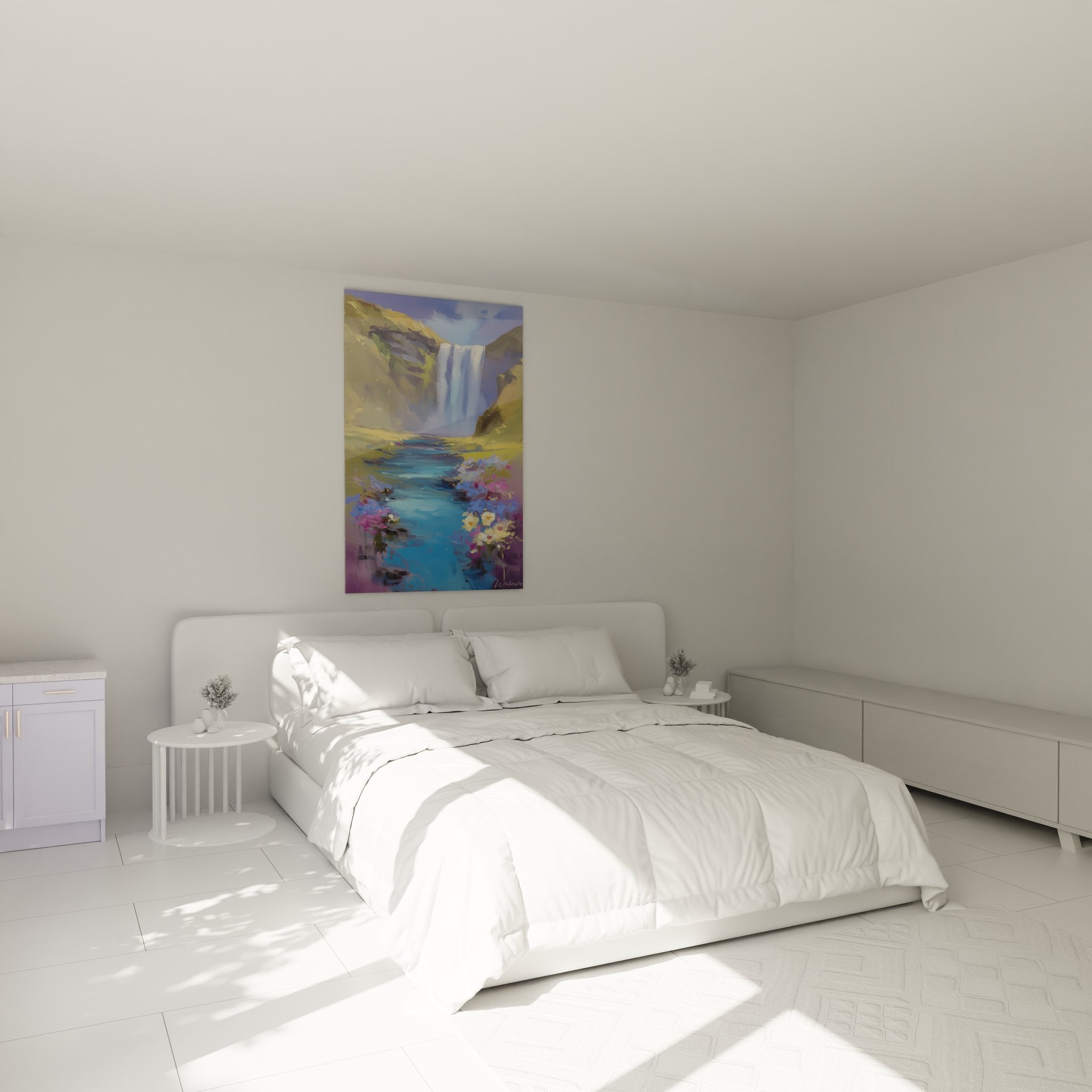 Ambiance chambre avec tableau cascade impressionniste décoratif aux tons bleus et dorés