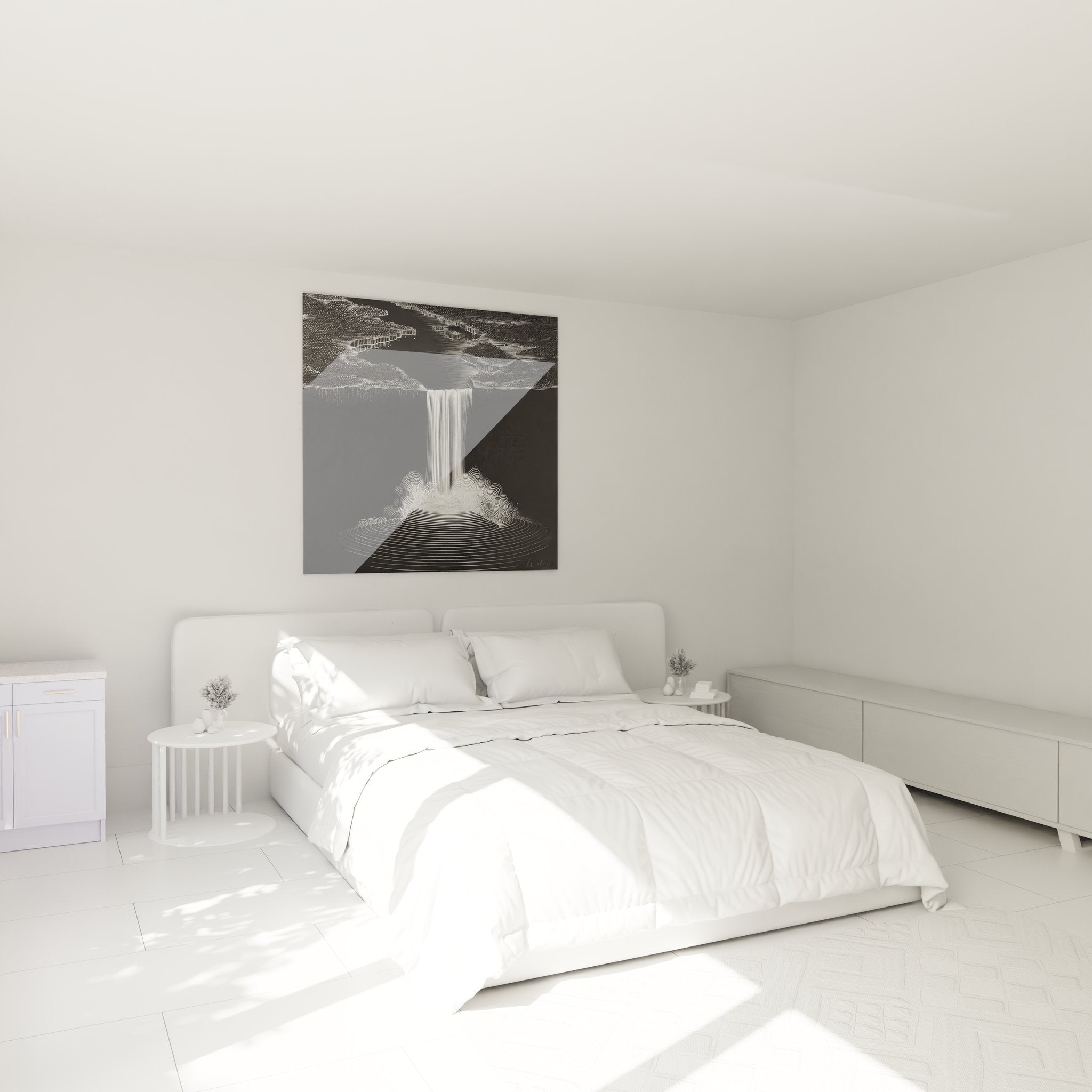 Ambiance chambre avec tableau cascade graphique minimaliste, décoration murale moderne