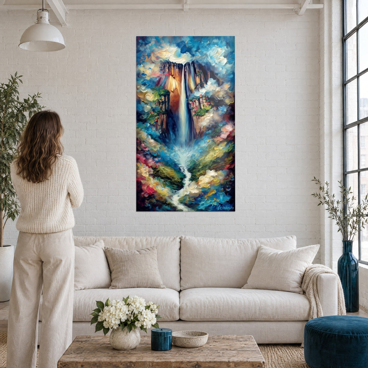 Tableau cascade vertigineuse entre falaises ocre et nuages bleus, femme de dos, au-dessus d'un canapé dans un salon lumineux