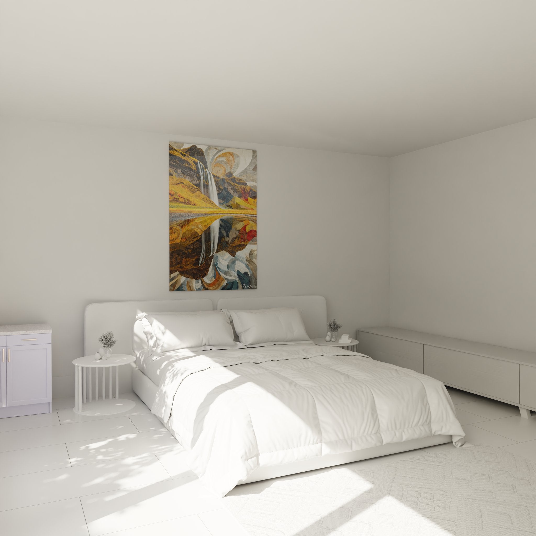 Ambiance chambre avec tableau cascade montagne doré, décoration murale moderne et apaisante