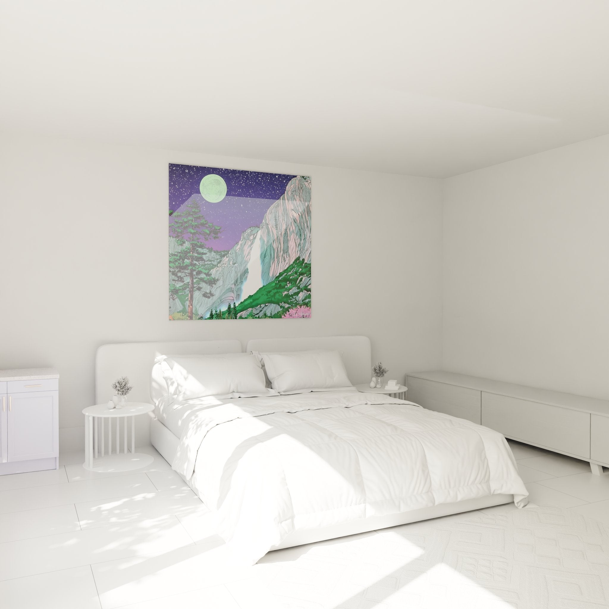 Ambiance chambre avec tableau mural cascade nocturne et paysage montagneux zen pour décoration apaisante