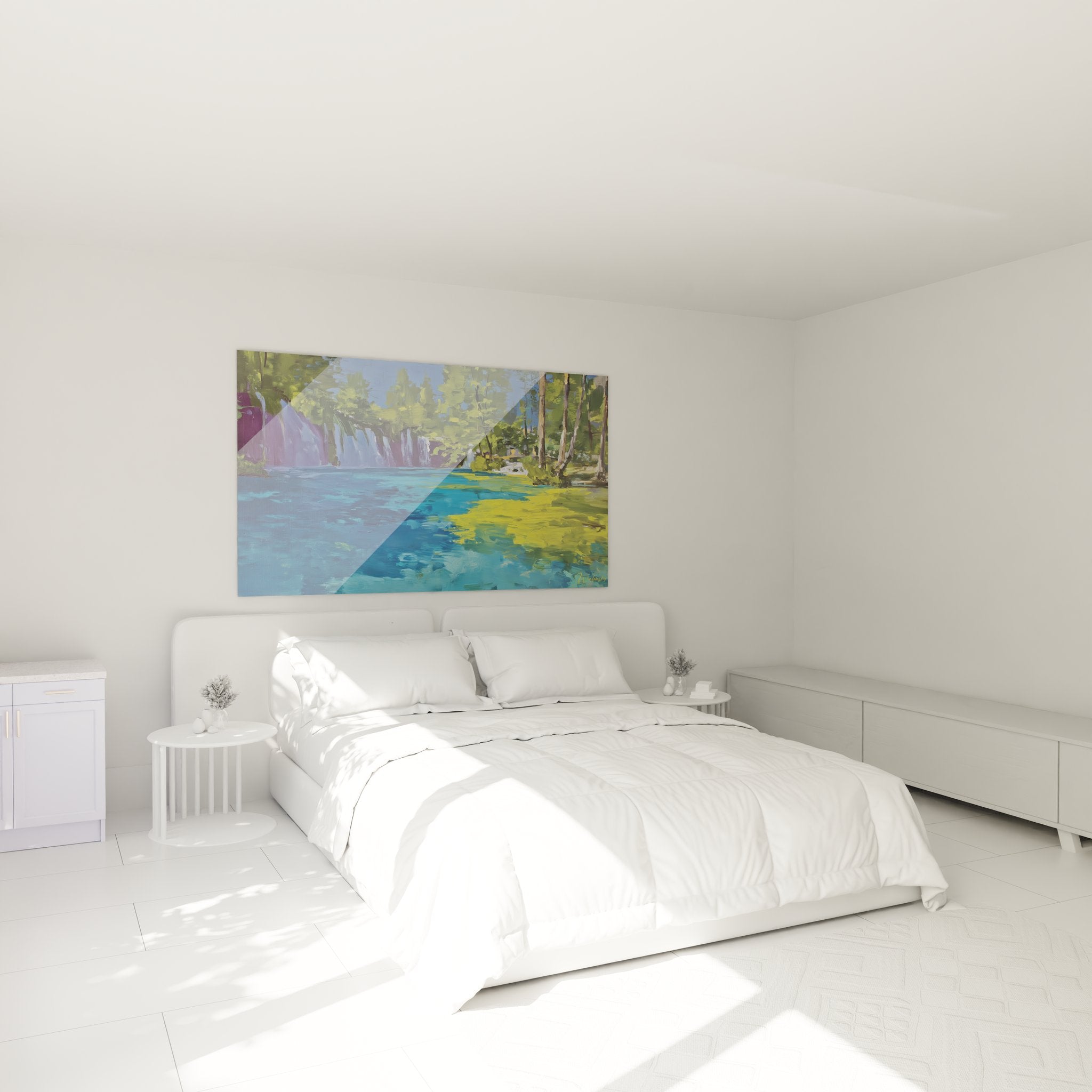Ambiance chambre avec tableau cascade tropicale bleue, décoration murale nature pour espace détente