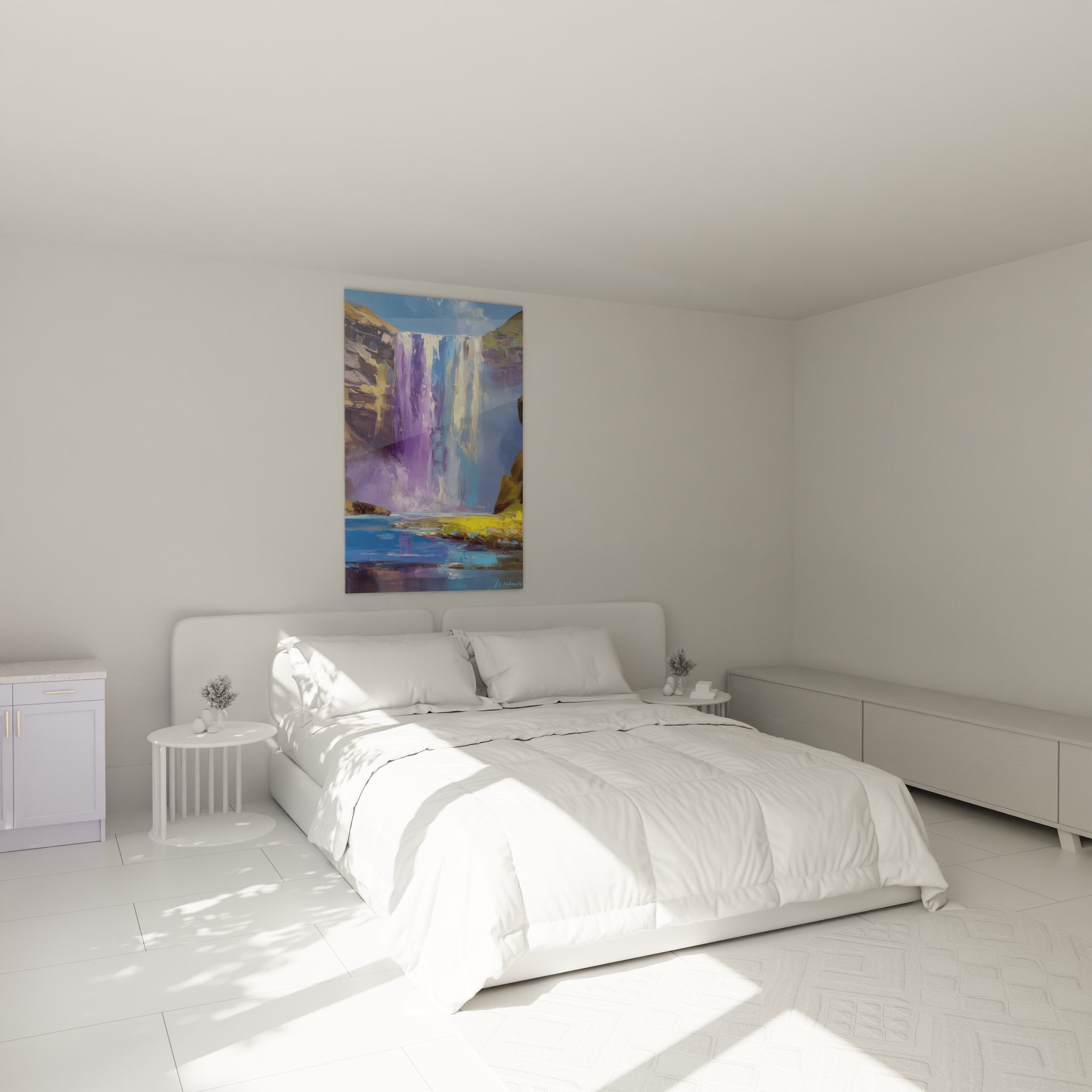 Ambiance chambre avec tableau cascade colorée violette, décoration murale chute d'eau moderne