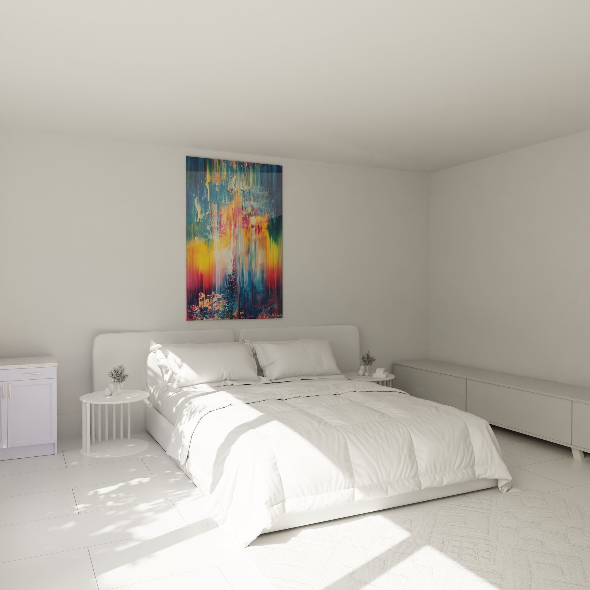 Ambiance chambre avec tableau cascades abstraites colorées déco murale contemporaine