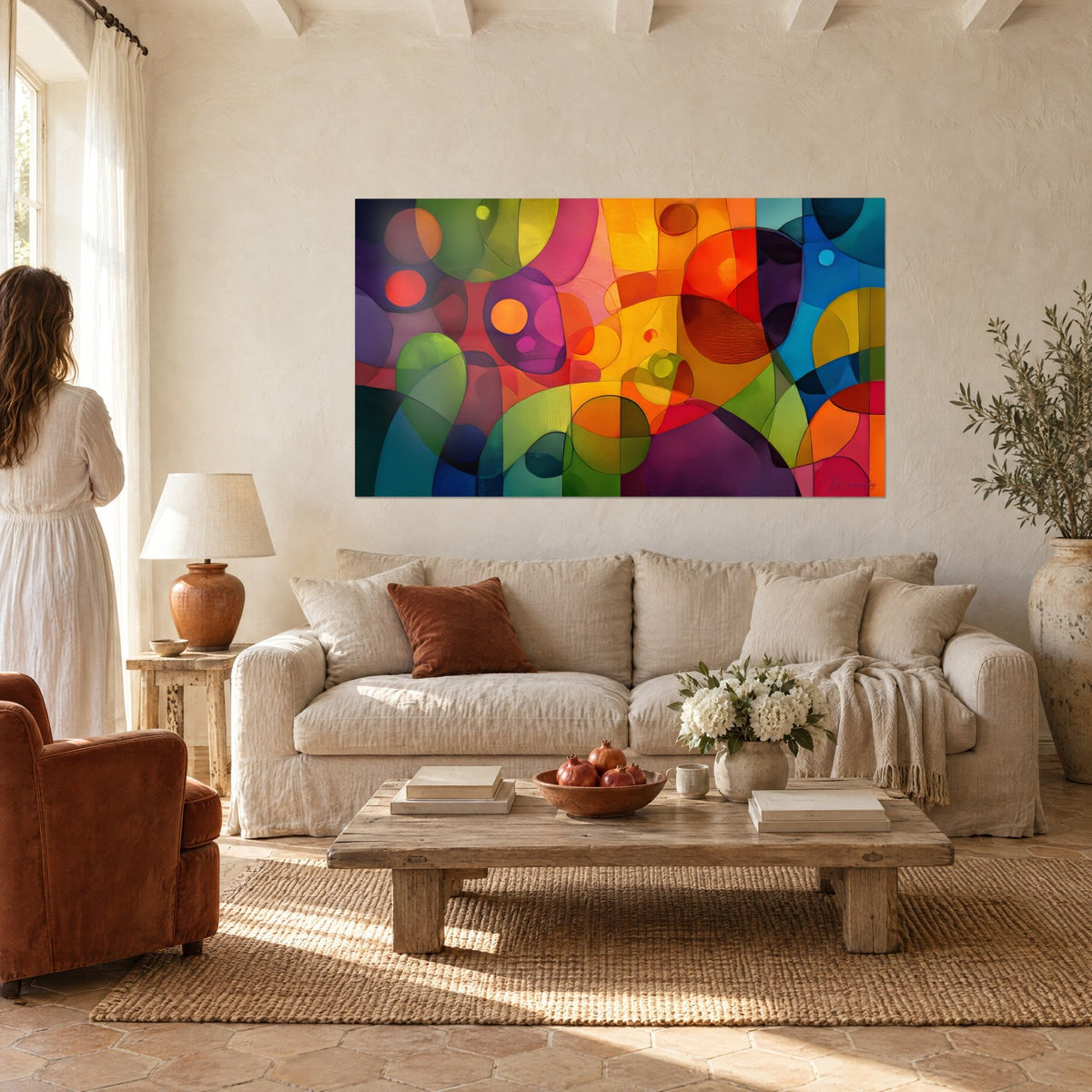 Schilderij met overlappende transparante cirkels in oranje, violet en groen, een vrouw van achteren, boven een bank in een lichte woonkamer