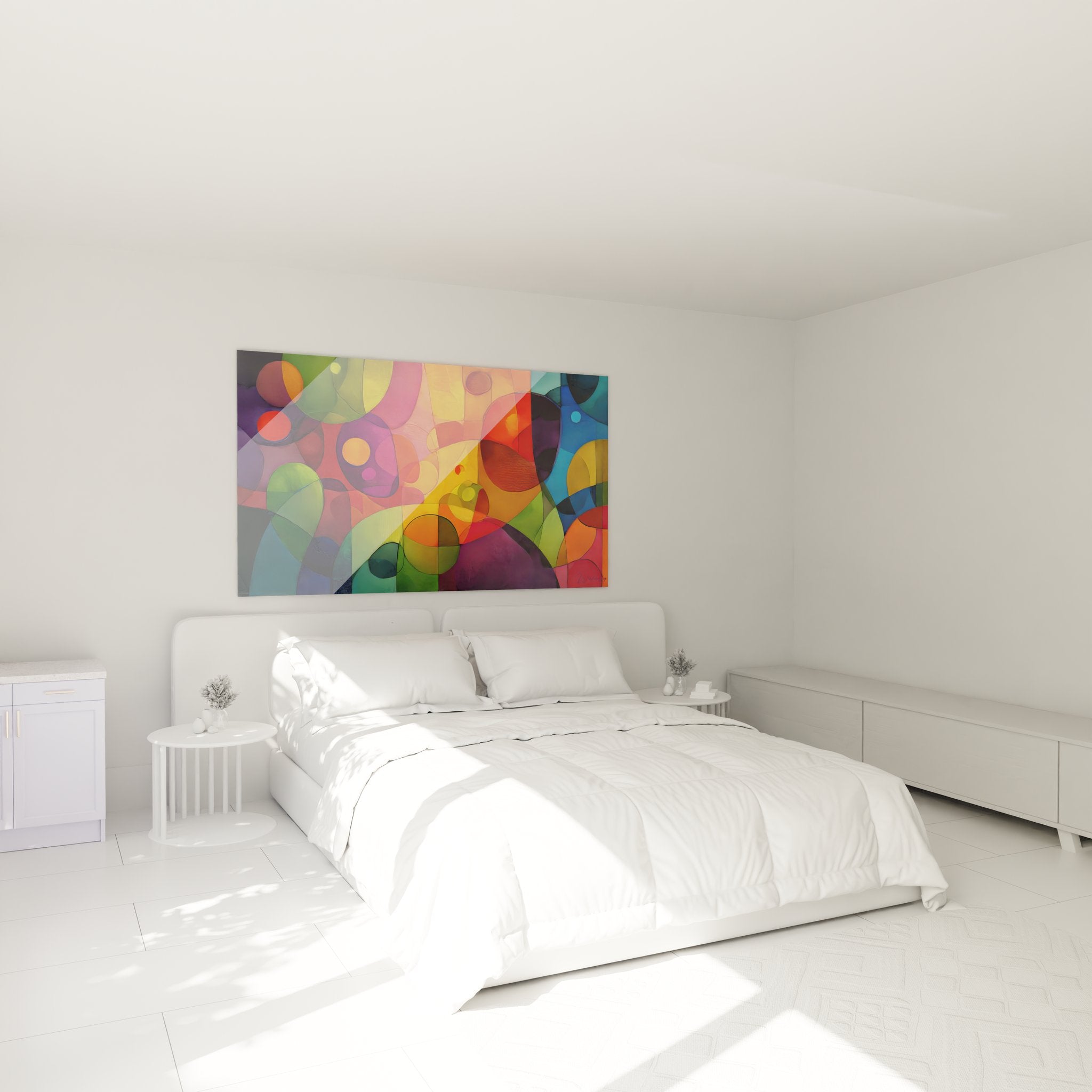 Ambiance chambre avec tableau cercles colorés géométriques transparents décoration murale