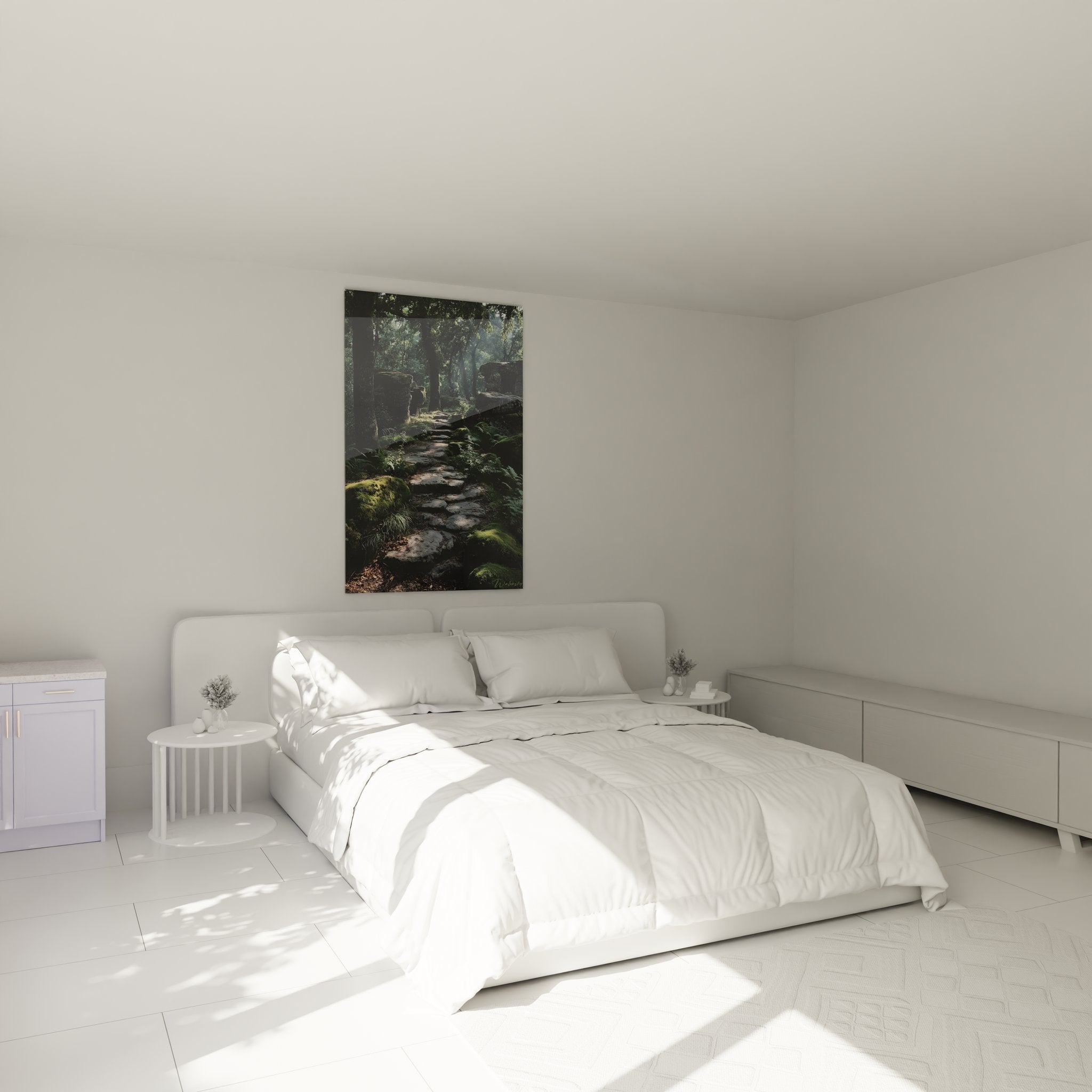 Ambiance chambre avec tableau chemin mystique forêt pour décoration nature apaisante