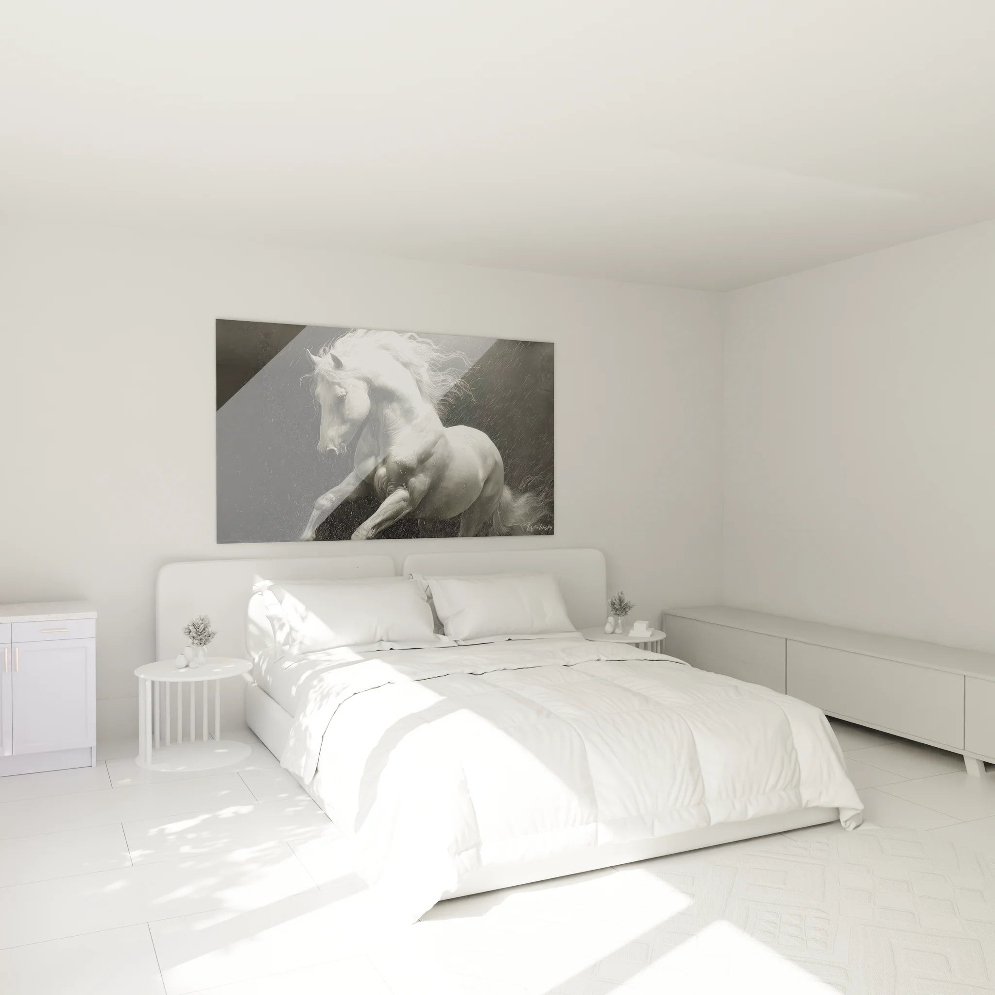 Ambiance chambre avec tableau cheval blanc noir et blanc décoration murale moderne