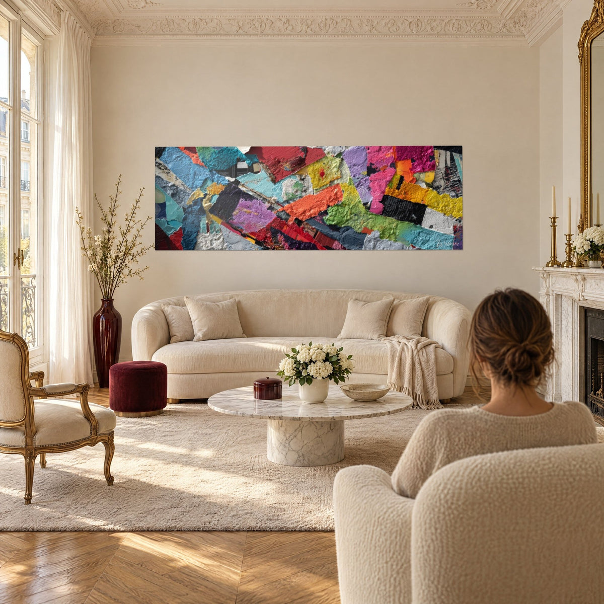 Gemälde Collage aus türkisfarbenen, roten und violetten zerrissenen Papieren mit Reliefwirkung, über einem Sofa in einem hellen Wohnzimmer