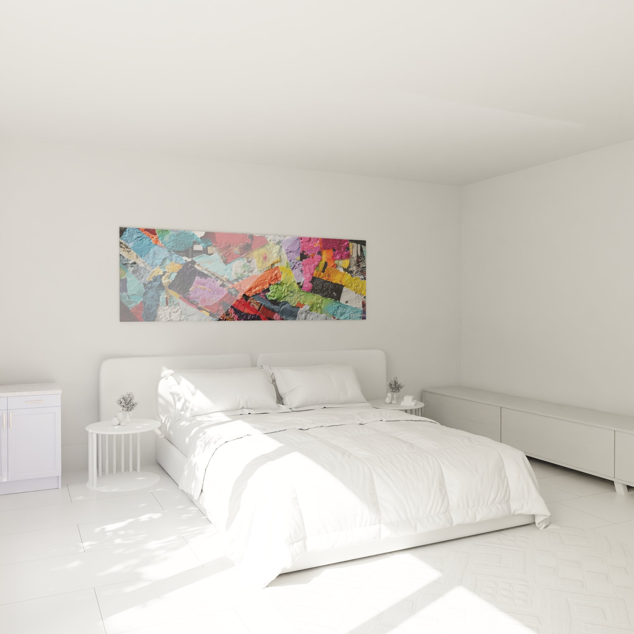 Ambiance chambre avec tableau mural collage fragments abstraits colorés décoratif