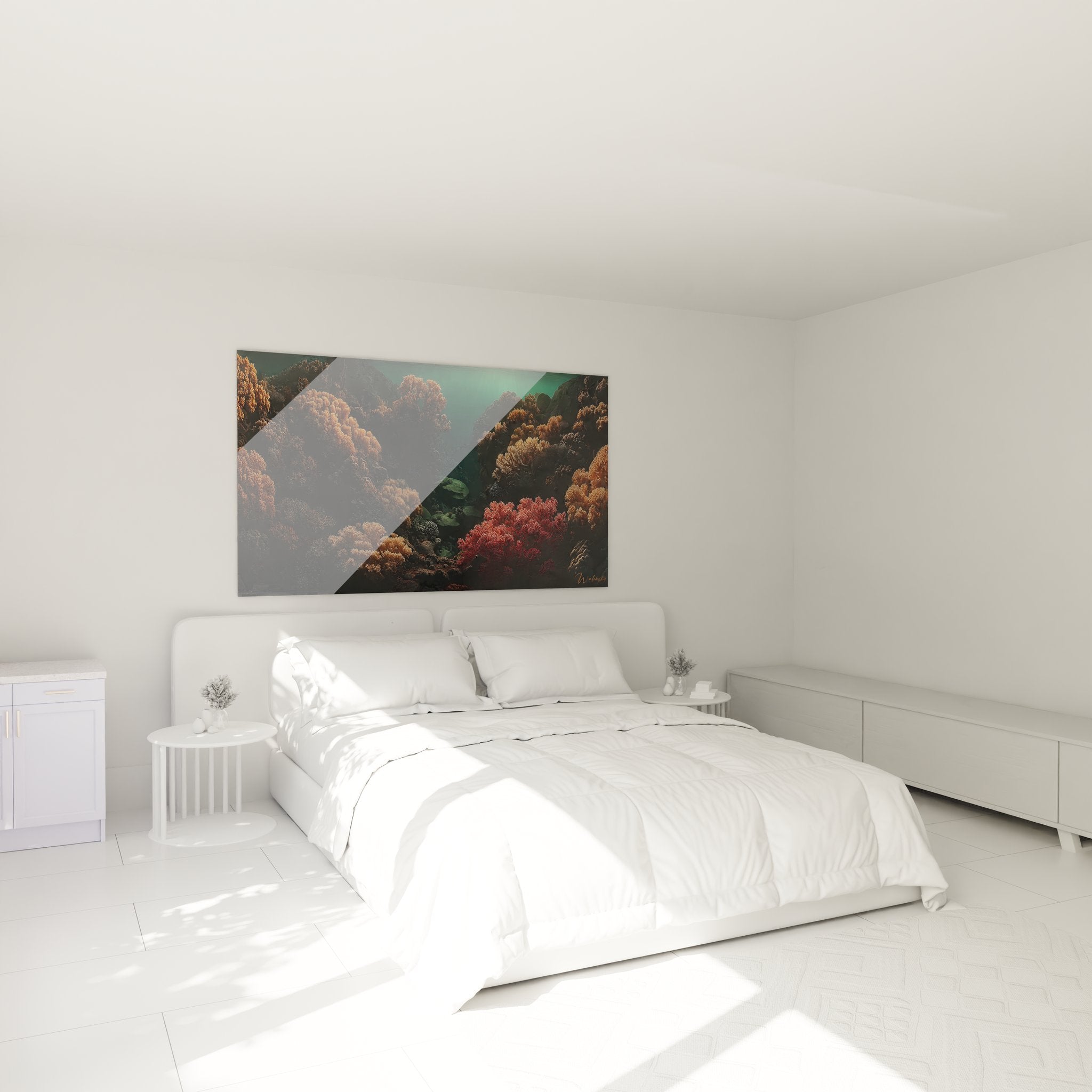 Ambiance chambre avec tableau coraux sous-marins colorés créant atmosphère marine apaisante